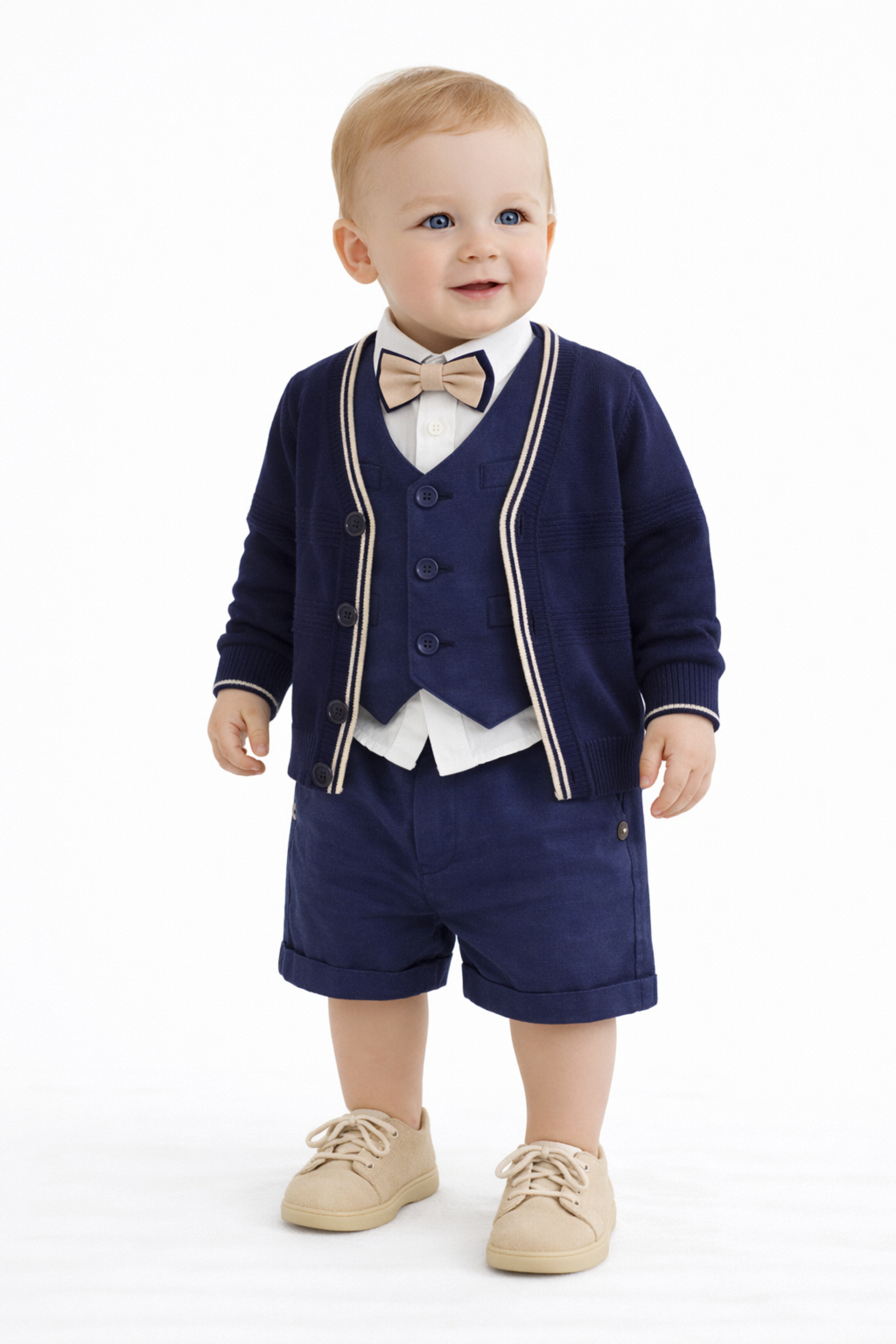 Completo Neonato 4 pezzi Cotone e Lino Blu