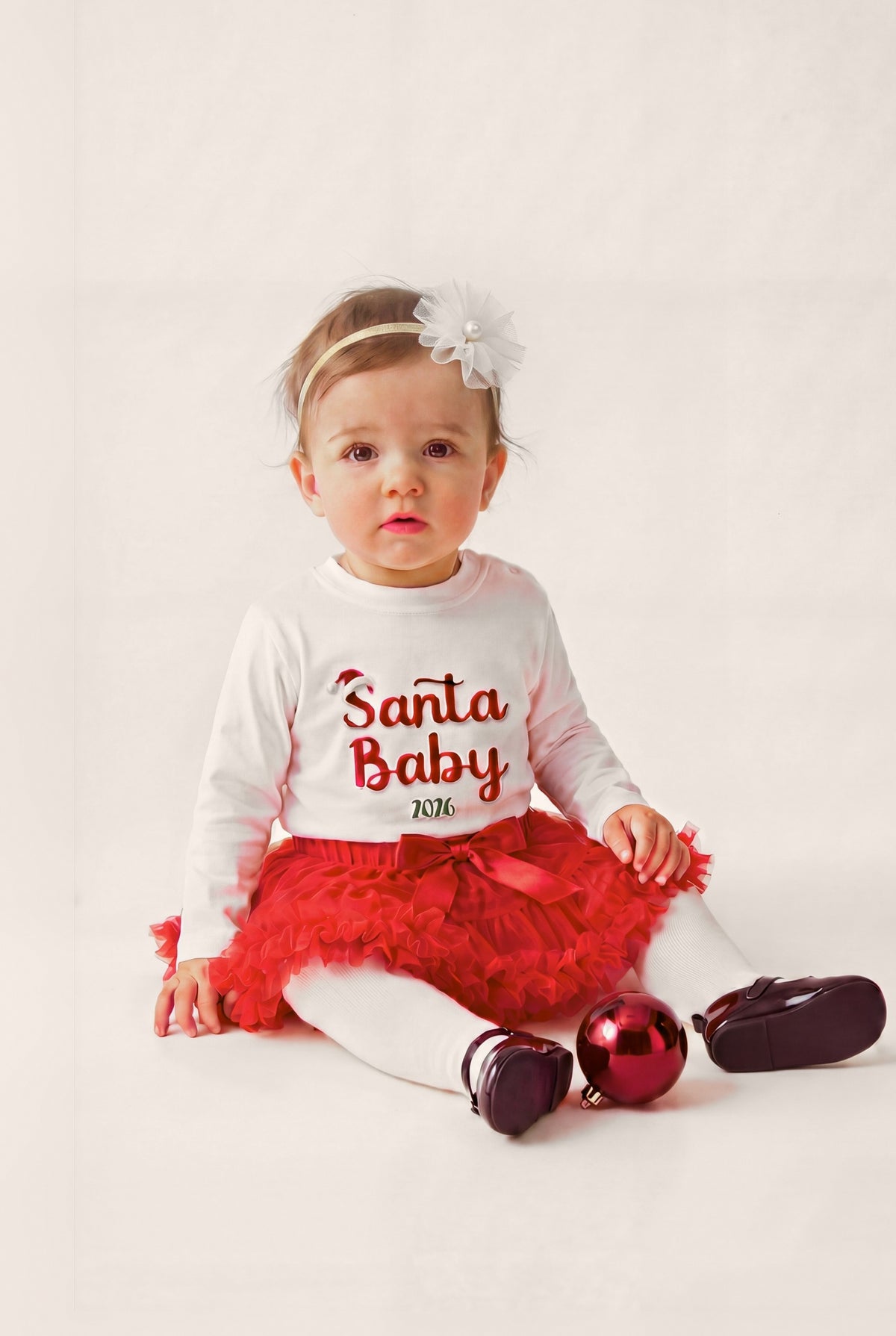 Maglia manica lunga ricamata "Santa Baby 2026", foto indossata bimba con gonna tutù e fascetta fiore - Capsule Natale MADRESPERA