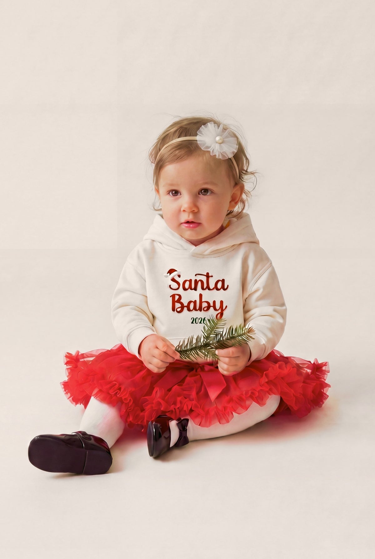 Felpa ricamata neonata "Santa Baby 2026", foto indossata bimba con gonna tutù e fascetta fiore - Capsule Natale MADRESPERA