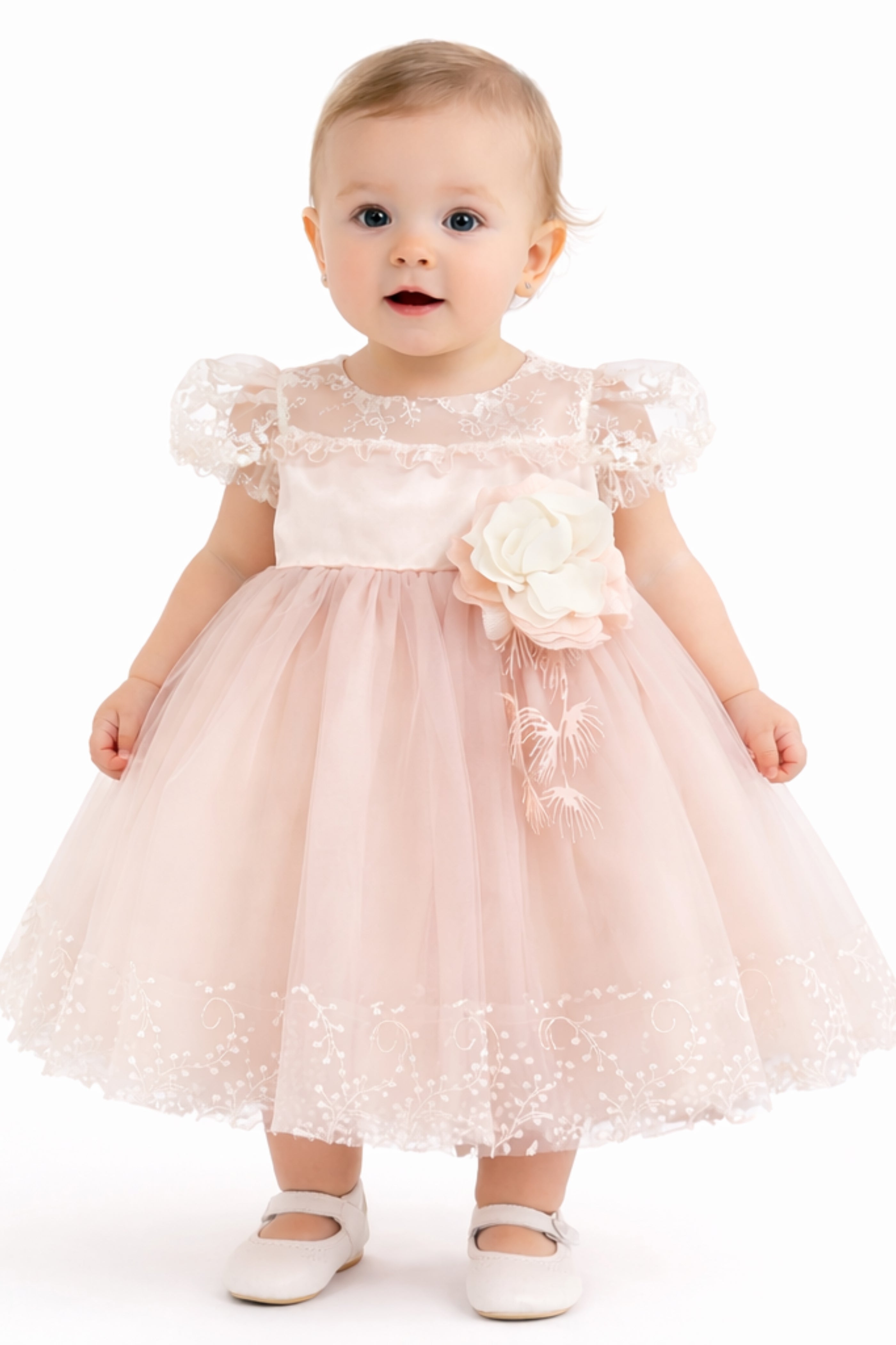 Abito Battesimo Neonata Rosa Ricami