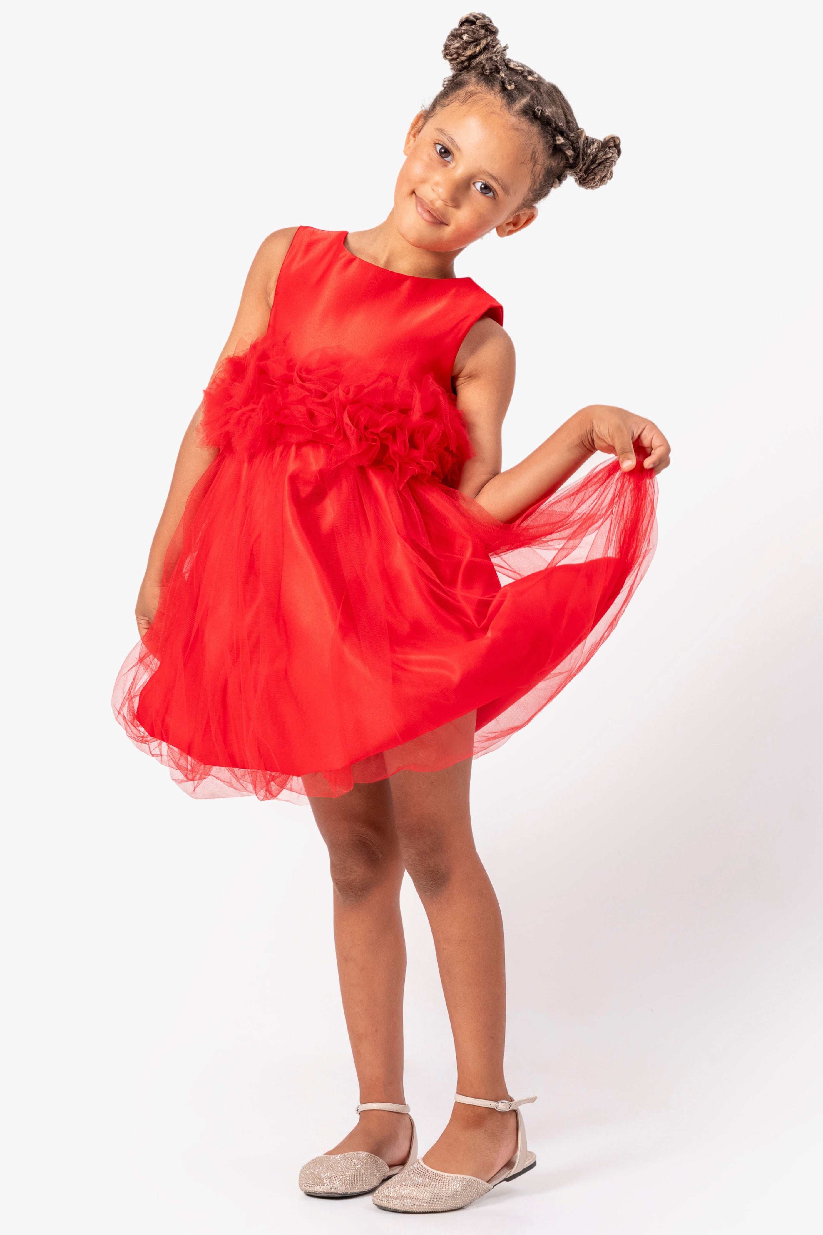 Abito Rosso Bambina Tulle e Fiori