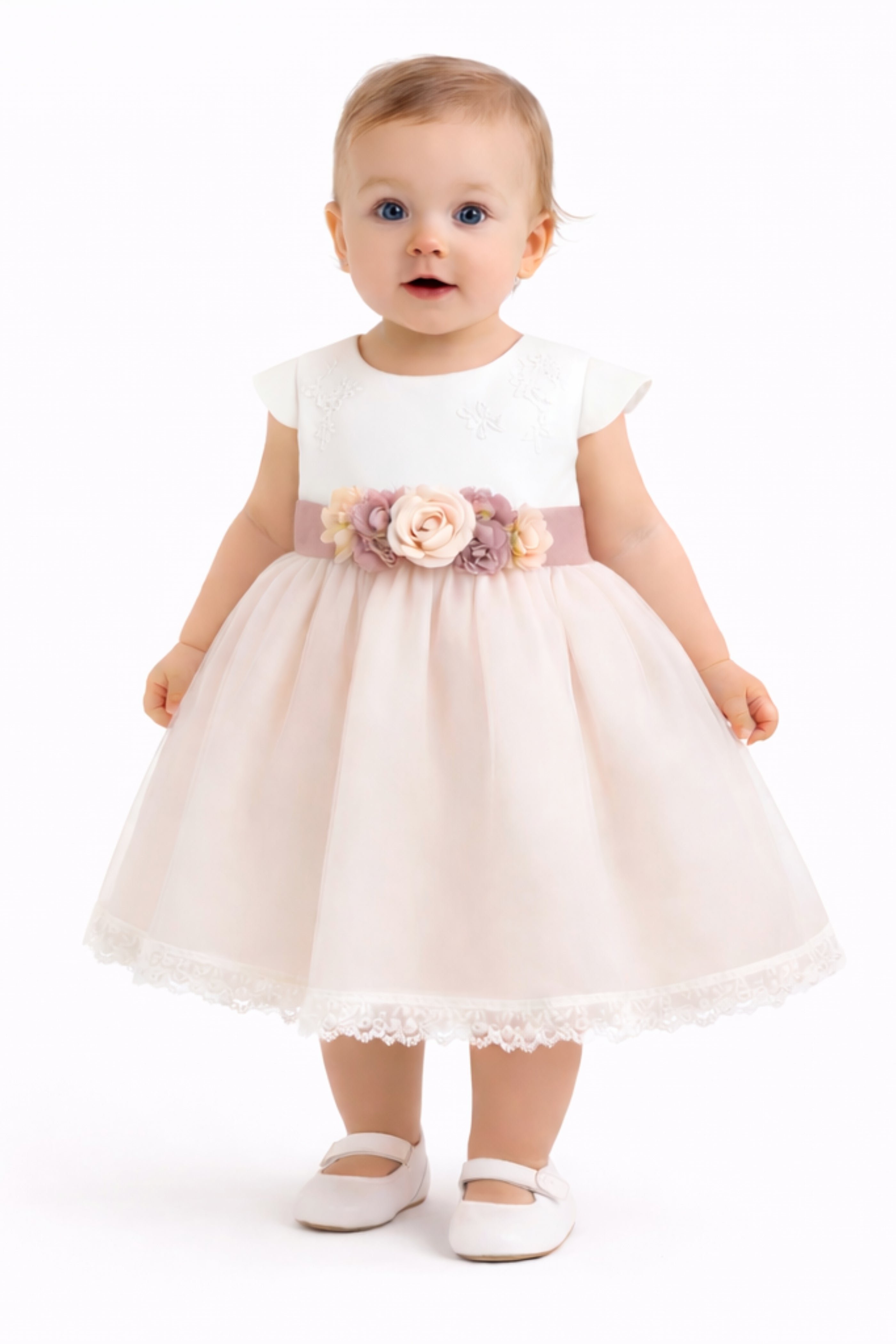 Abito Battesimo Neonata Rosa Ricami Fiori