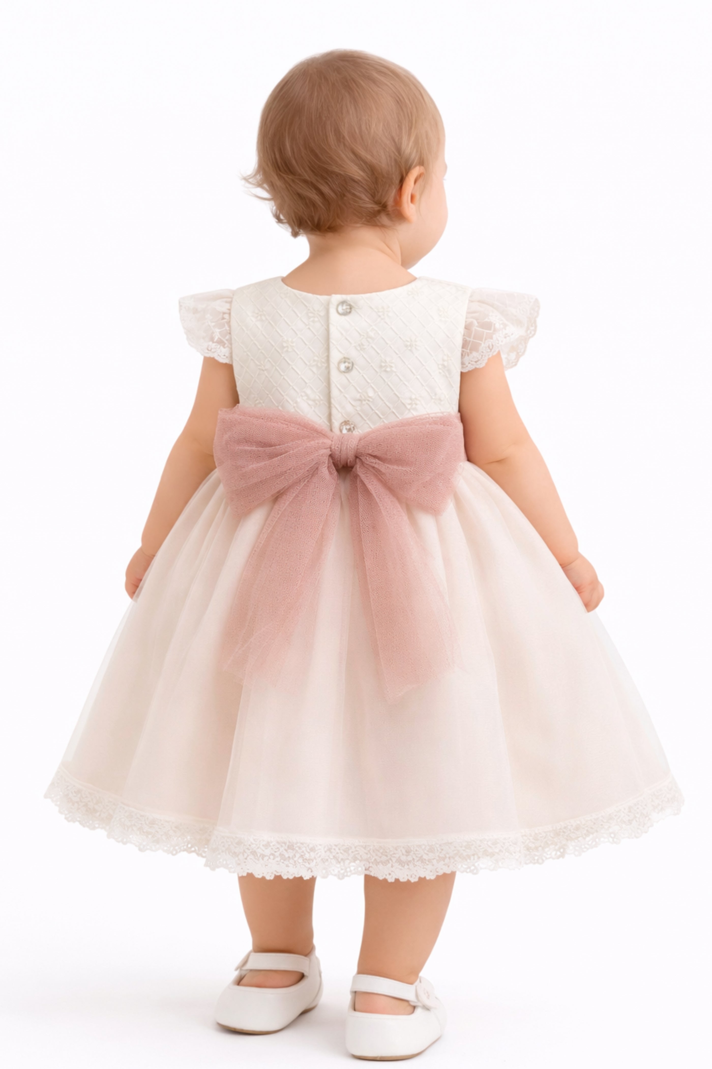 Abito Battesimo Bambina Rosa Ricami Rombi