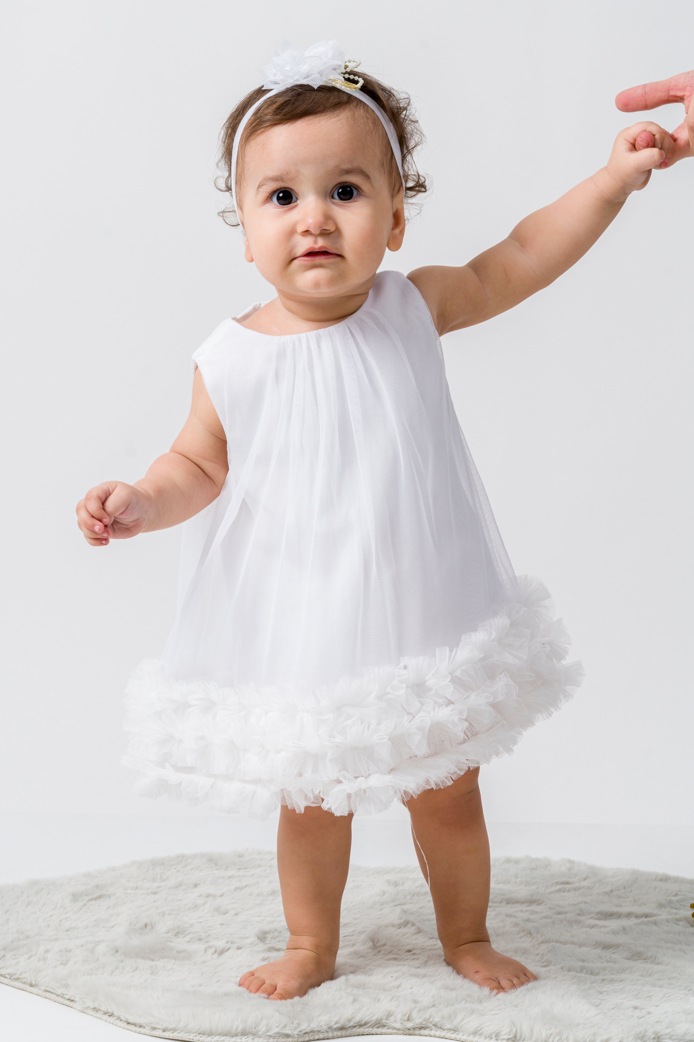 Abito Neonata Bianco Tulle e Rouche