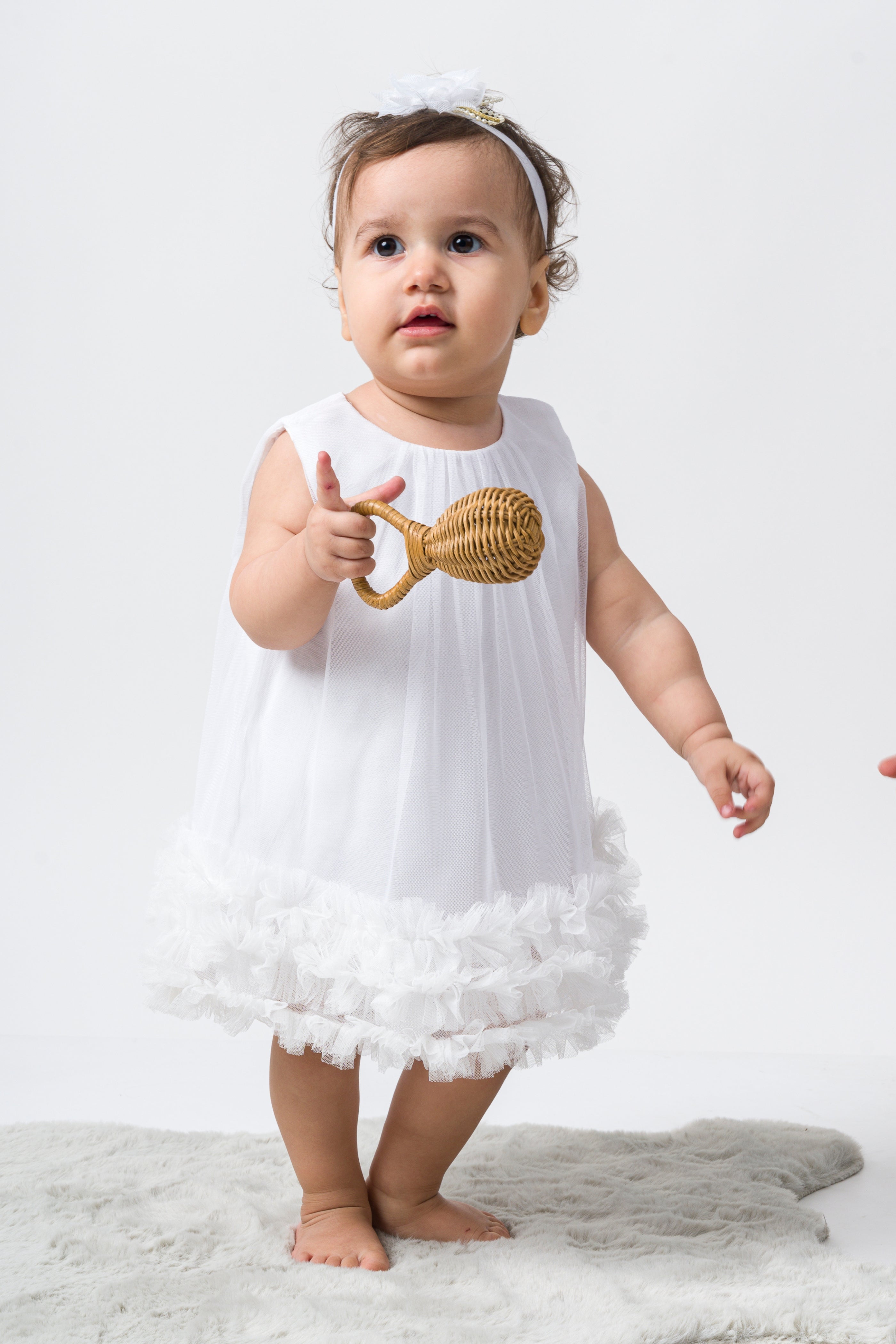 Abito Neonata Bianco Tulle e Rouche