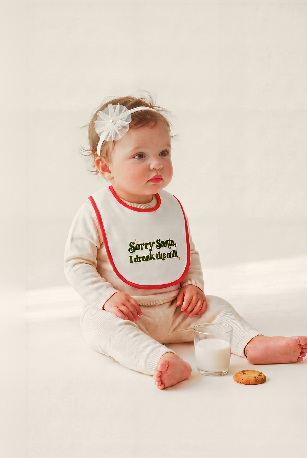 Bavetta ricamata "Sorry Santa, I drank the milk", foto indossata bimba con fascetta fiore - Capsule Natale MADRESPERA