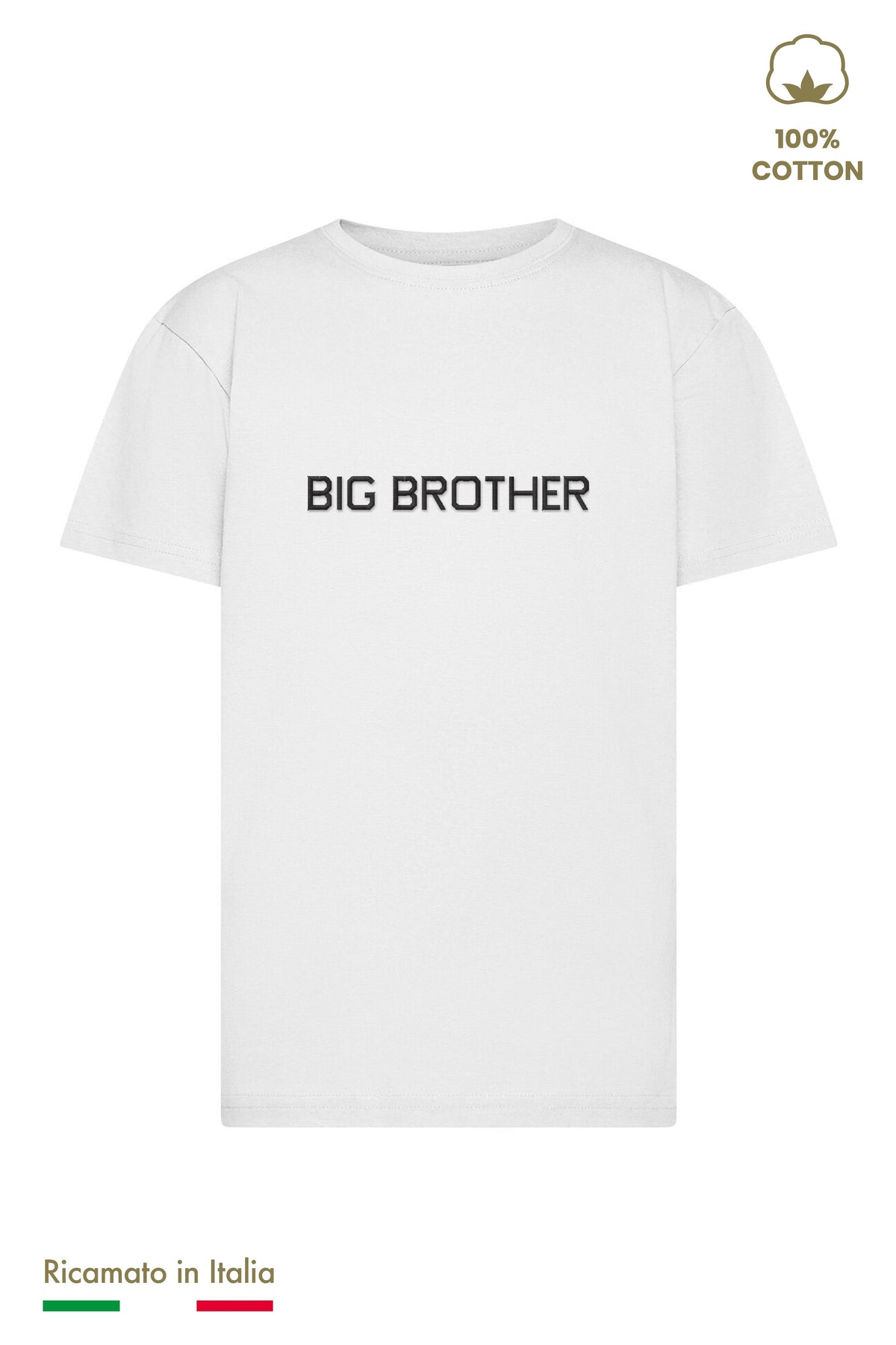 T-shirt bambino bianca con ricamo BIG BROTHER nero, vista frontale