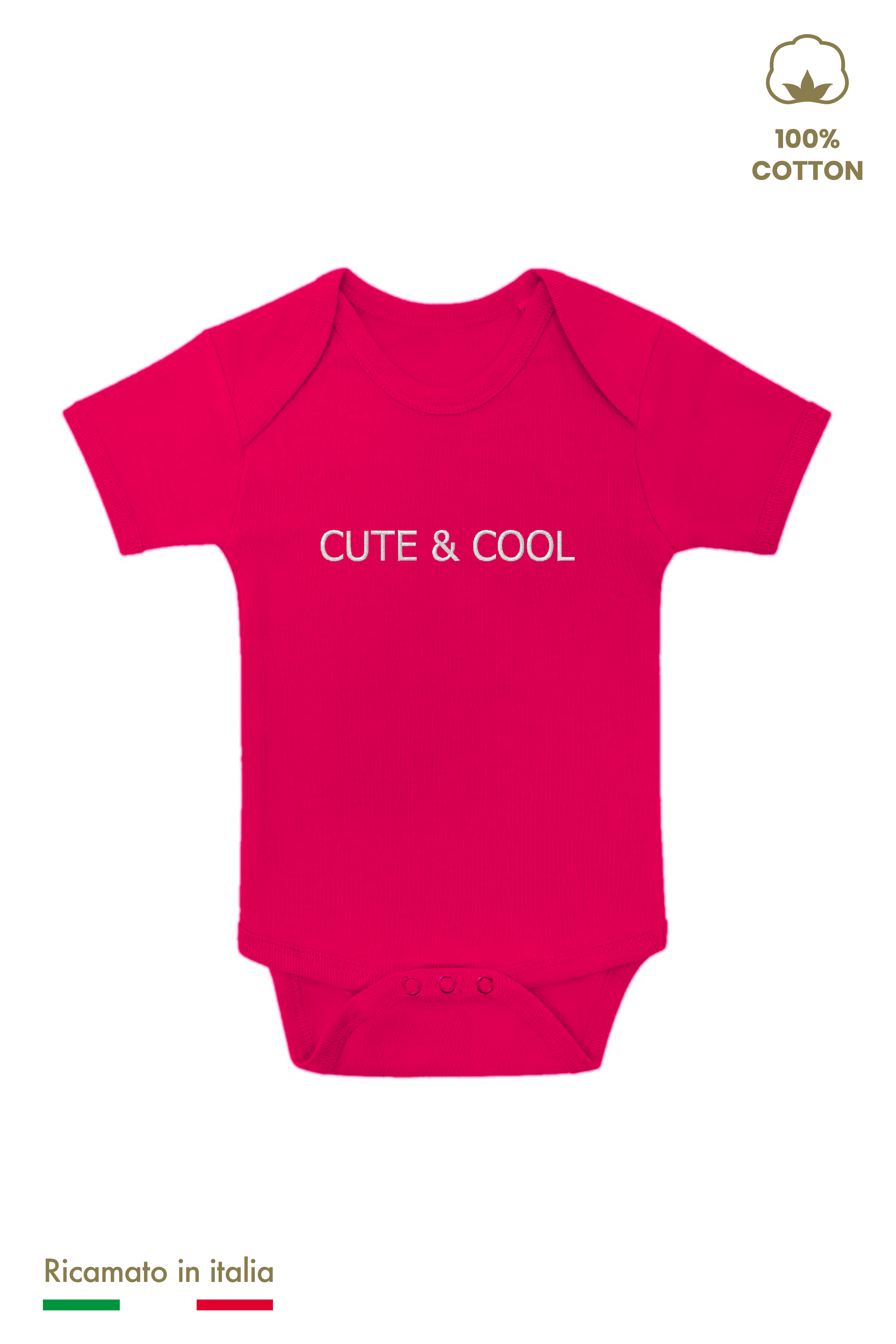 Body neonato fucsia con ricamo "CUTE & COOL" in filo panna, vista frontale
