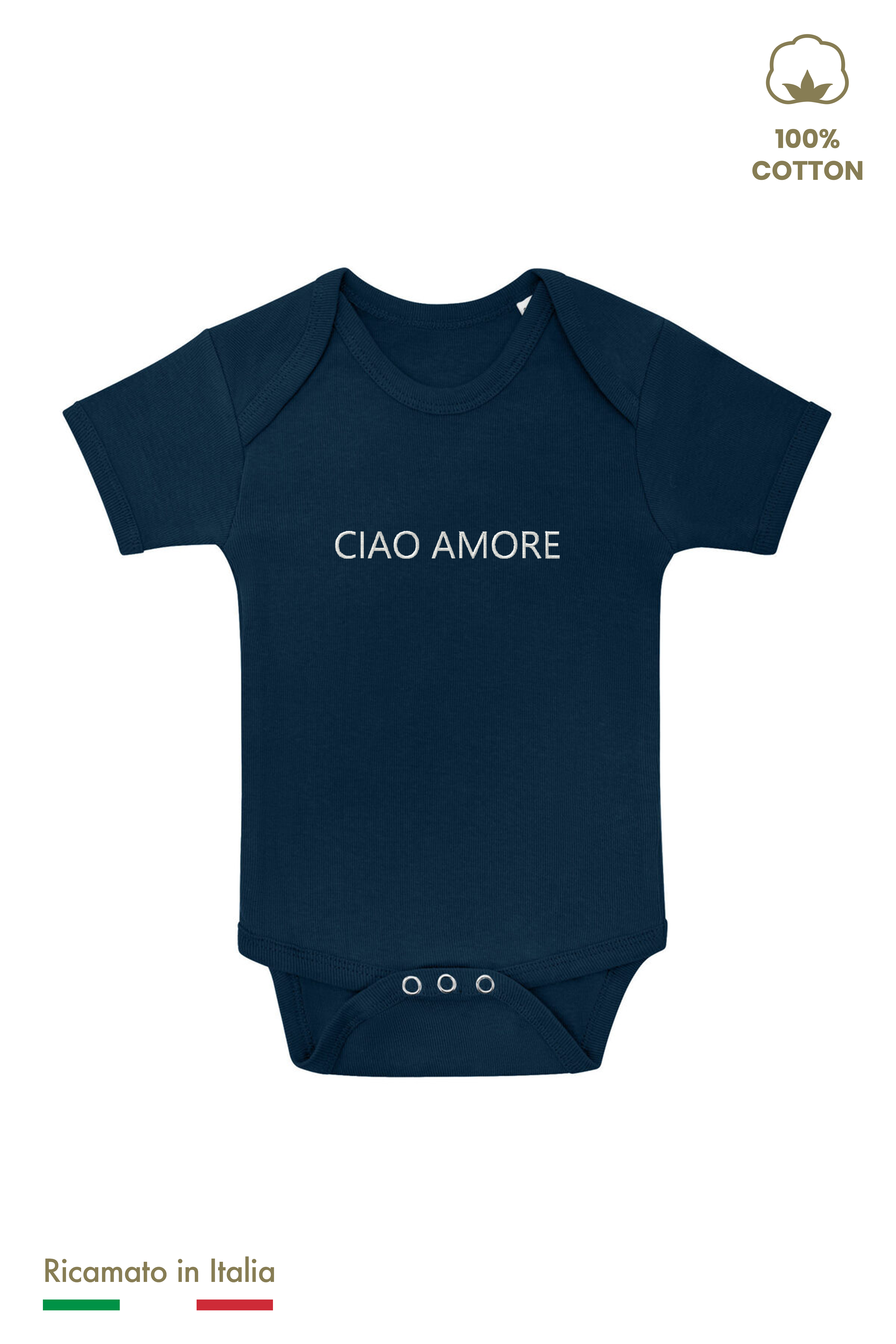 Body ricamato bambino blu navy con scritta Ciao Amore ricamata in filo panna, vista frontale