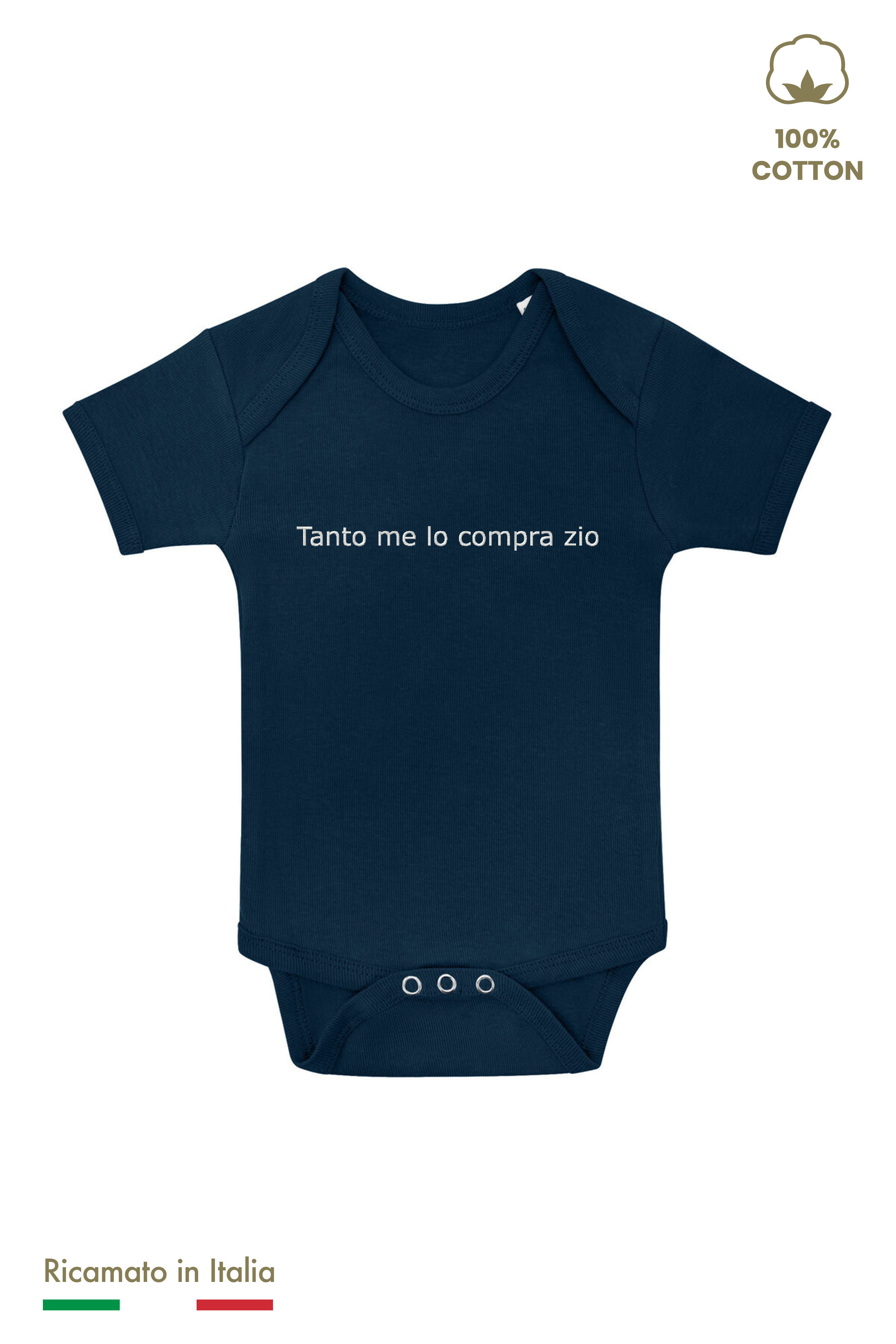 Body neonato blu navy con ricamo Tanto me lo compra zio in filo panna