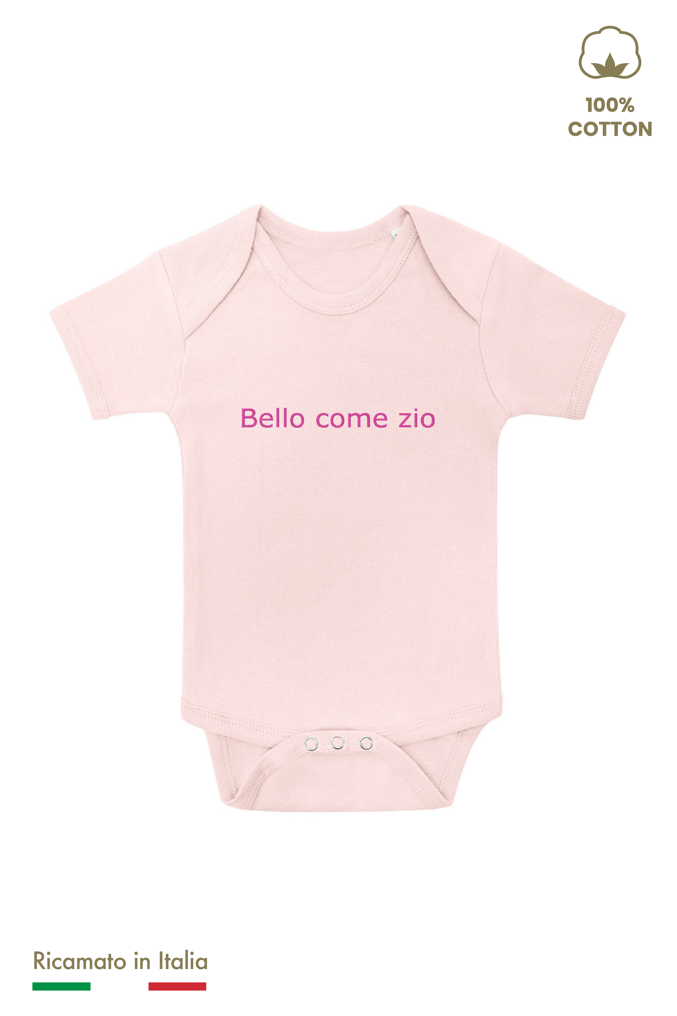 Body neonato rosato con ricamo fucsia "Bello come zio", 100% cotone, vista frontale