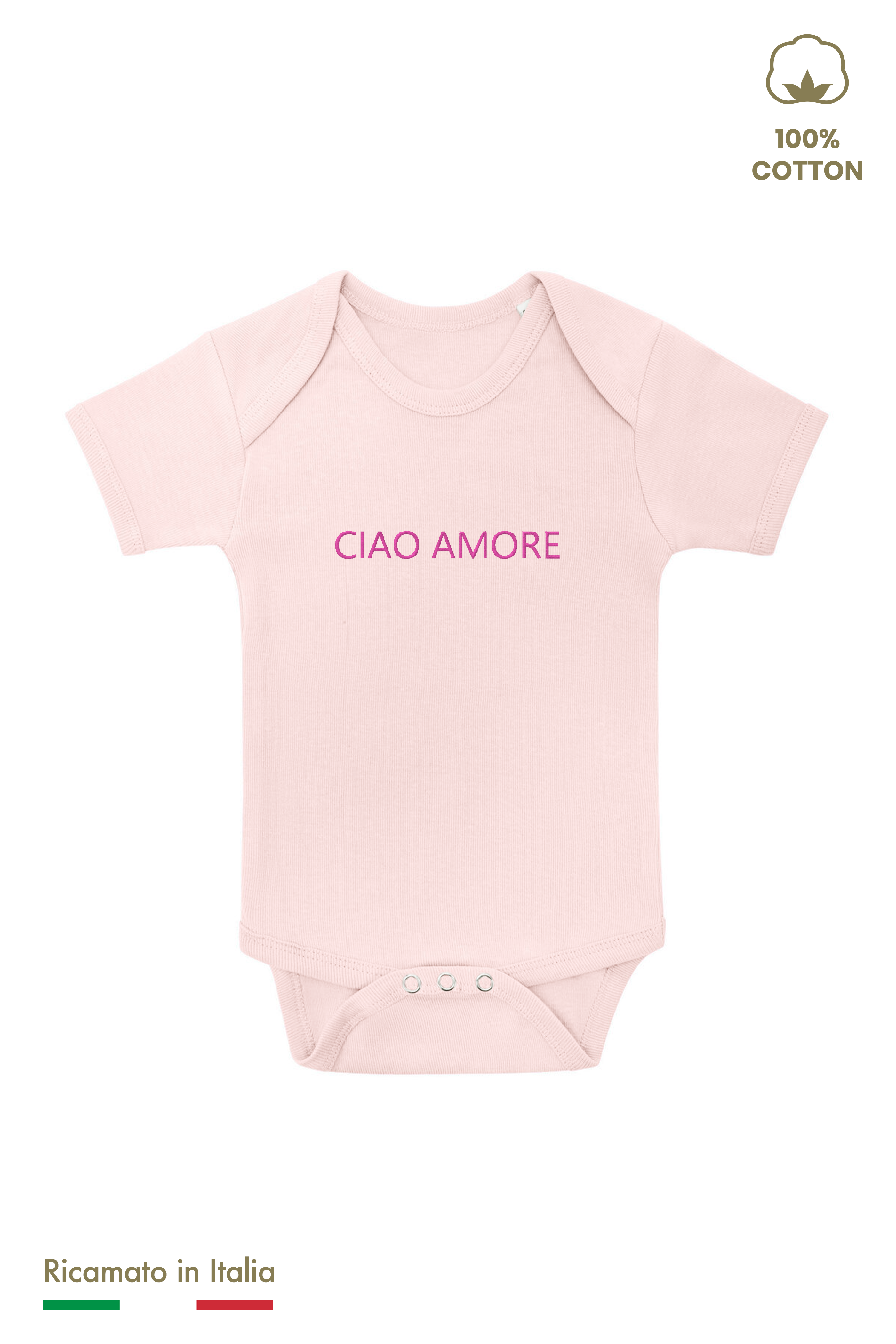 Body ricamato bambina rosato con scritta Ciao Amore ricamata in filo fucsia, vista frontale