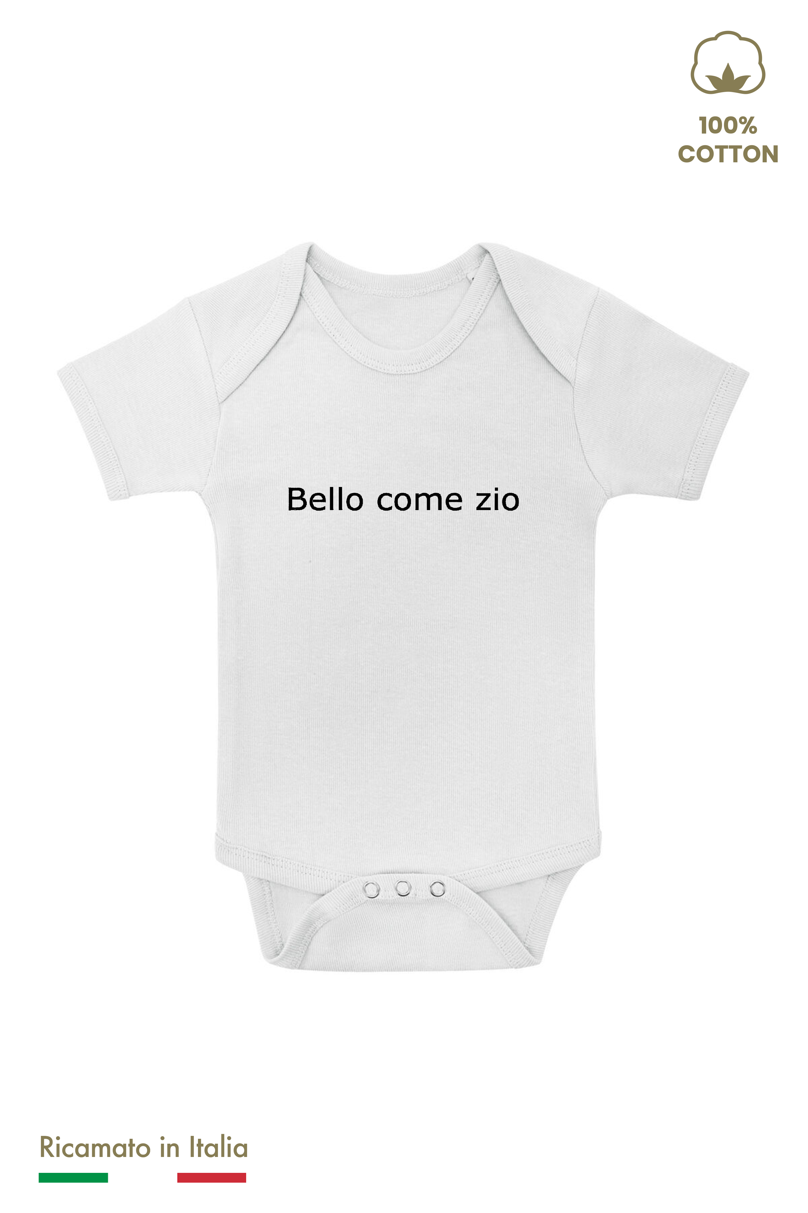 Body neonato bianco con ricamo nero "Bello come zio", 100% cotone, vista frontale