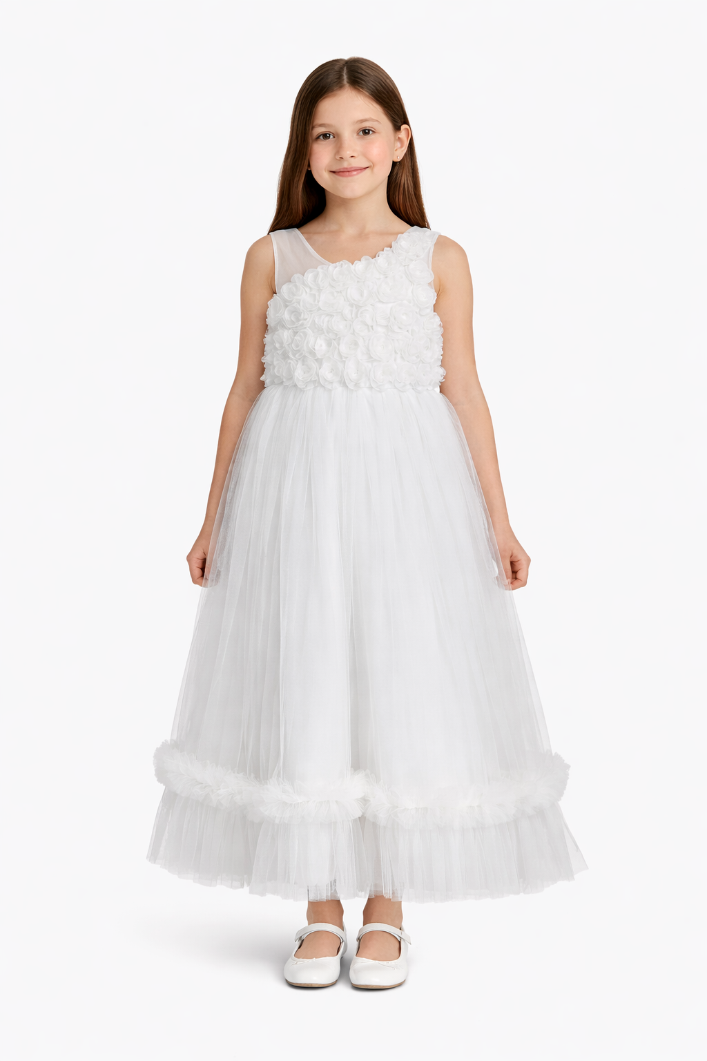 Abito Comunione Bambina Bianco Tulle e Fiori