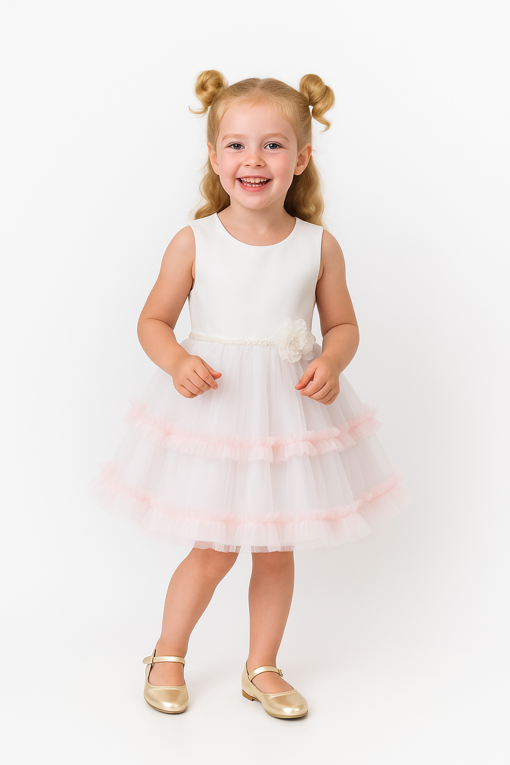 Abito Bambina Bianco Balze e Volume