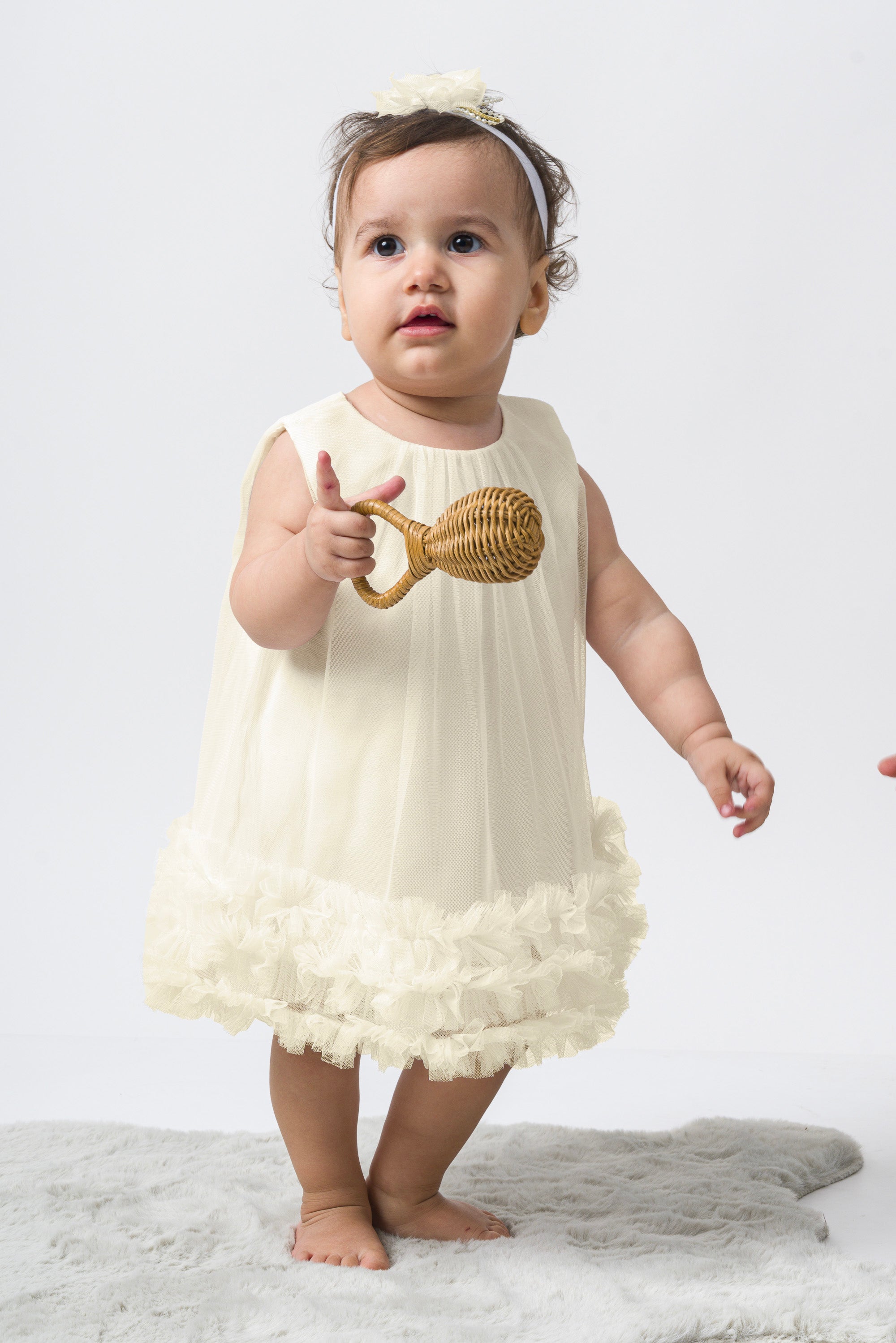 Abito Neonata Panna Tulle e Rouche