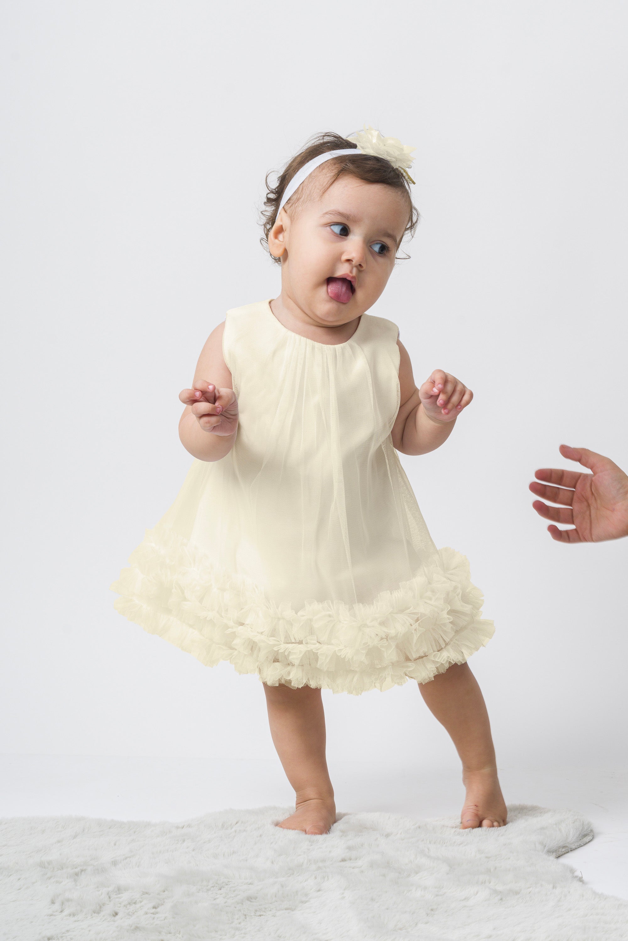 Abito Neonata Panna Tulle e Rouche