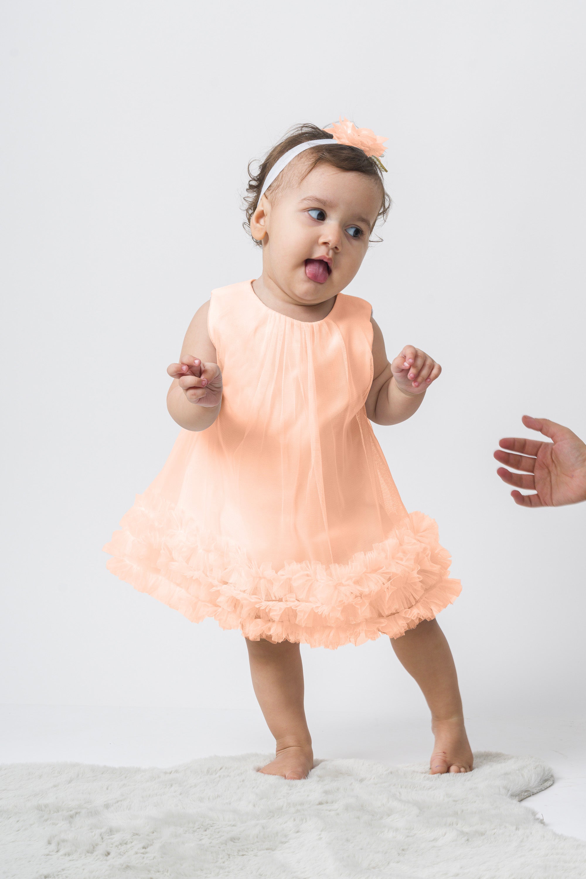 Abito Neonata Pesca Tulle e Rouche