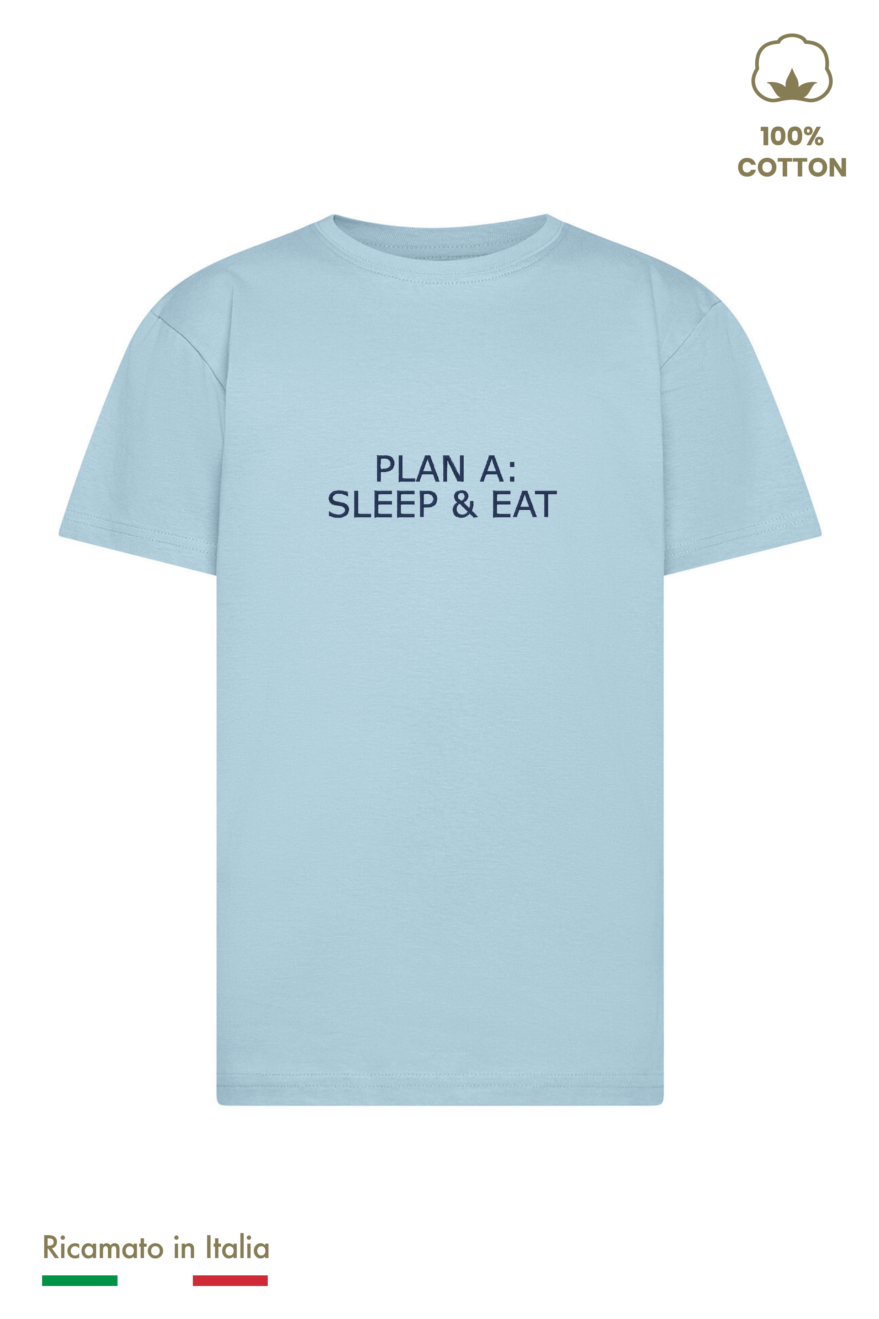 T-shirt bambino azzurra con ricamo Plan A: Sleep & Eat in filo blu navy