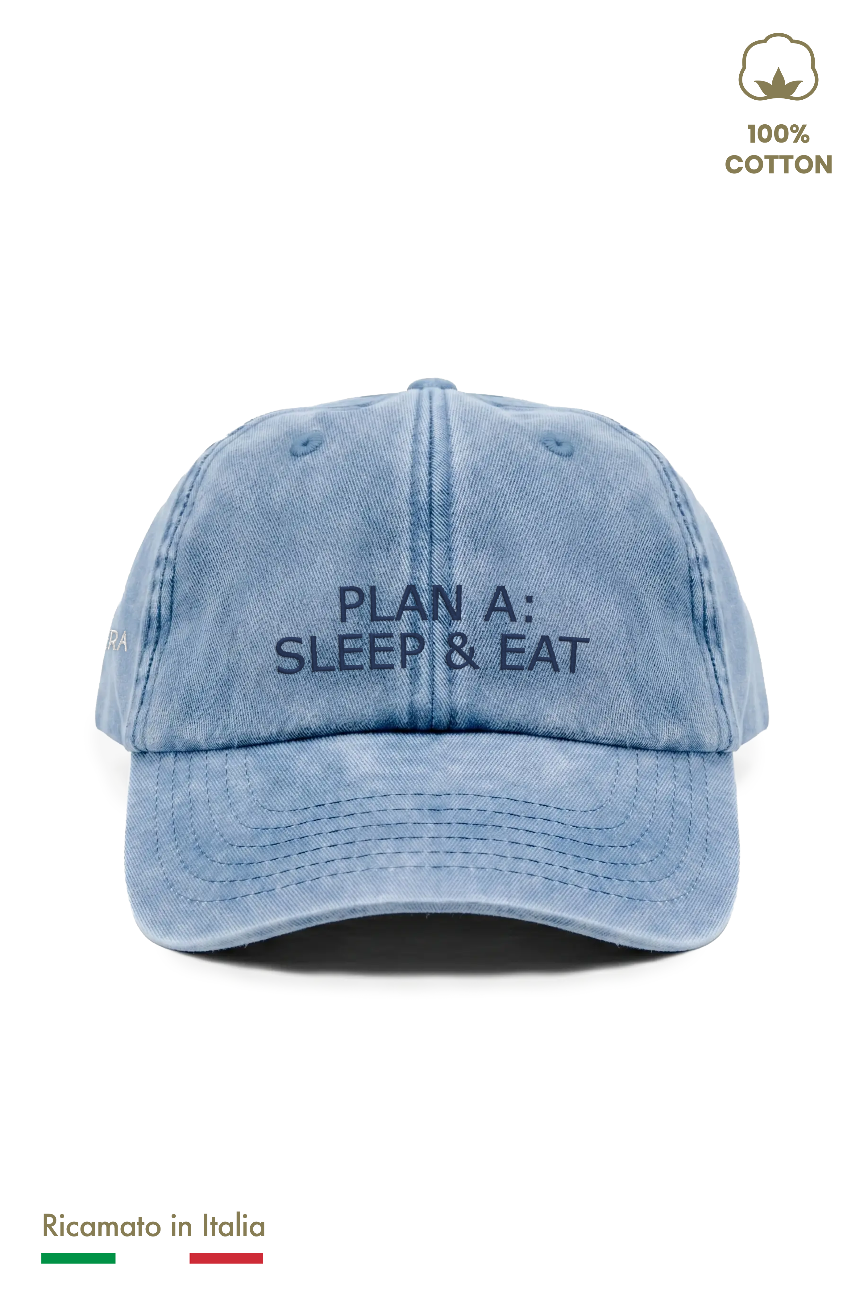 Cappellino vintage azzurro denim per bambino con ricamo Plan A: Sleep & Eat, vista frontale