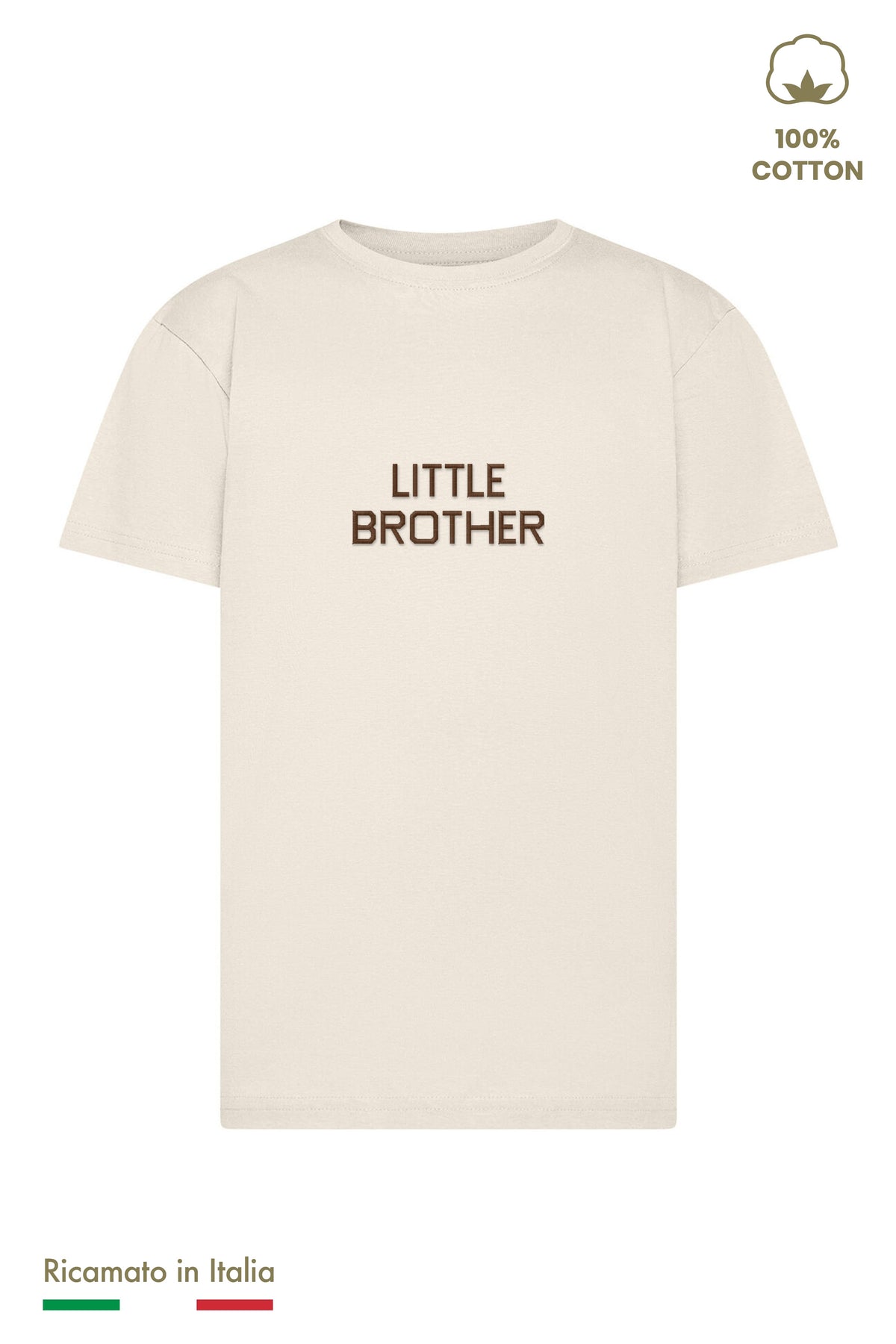 T-shirt bambino beige con ricamo LITTLE BROTHER marrone, vista frontale