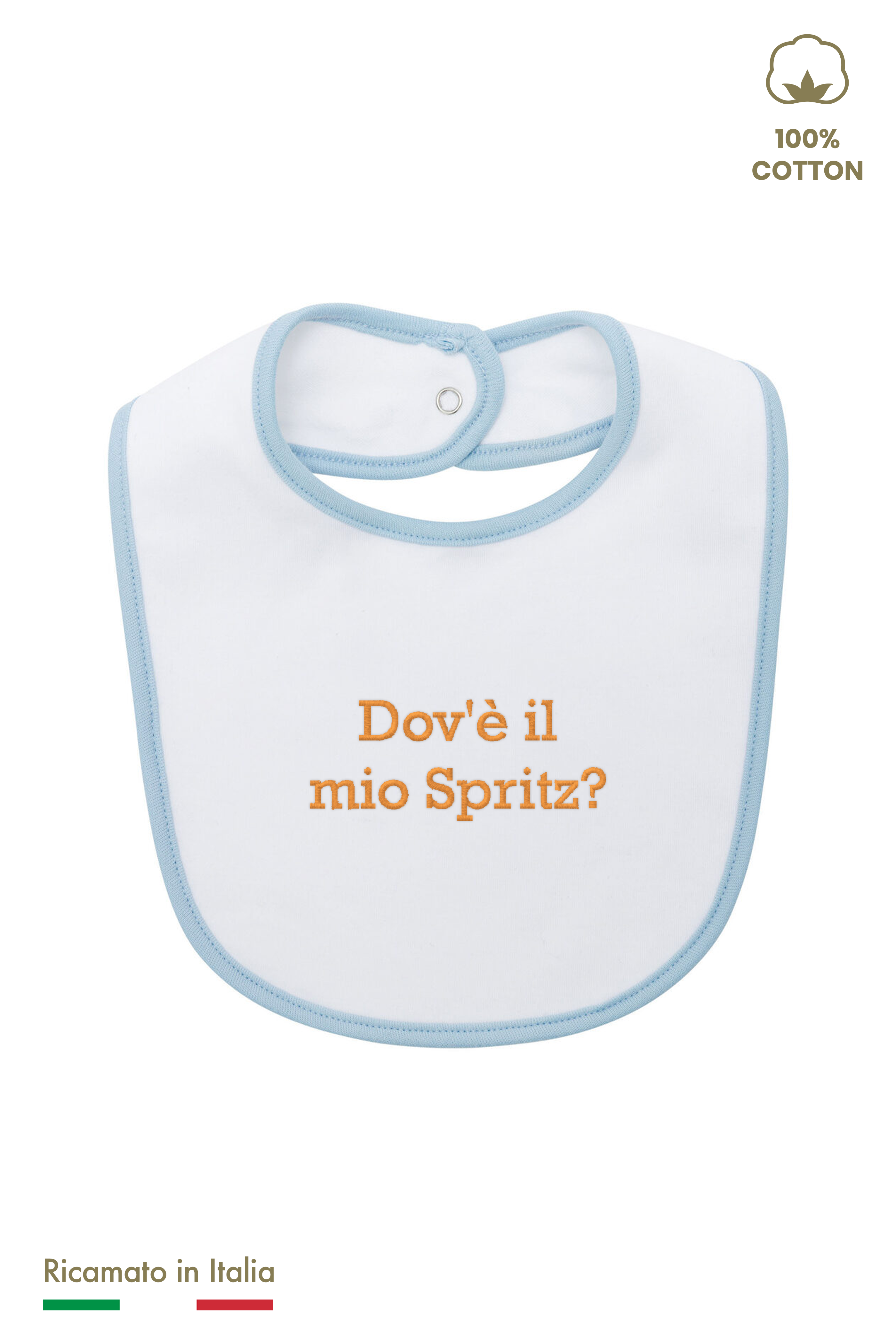 Bavetta neonato azzurra con ricamo arancione "Dov'è il mio Spritz?", 100% cotone, vista frontale