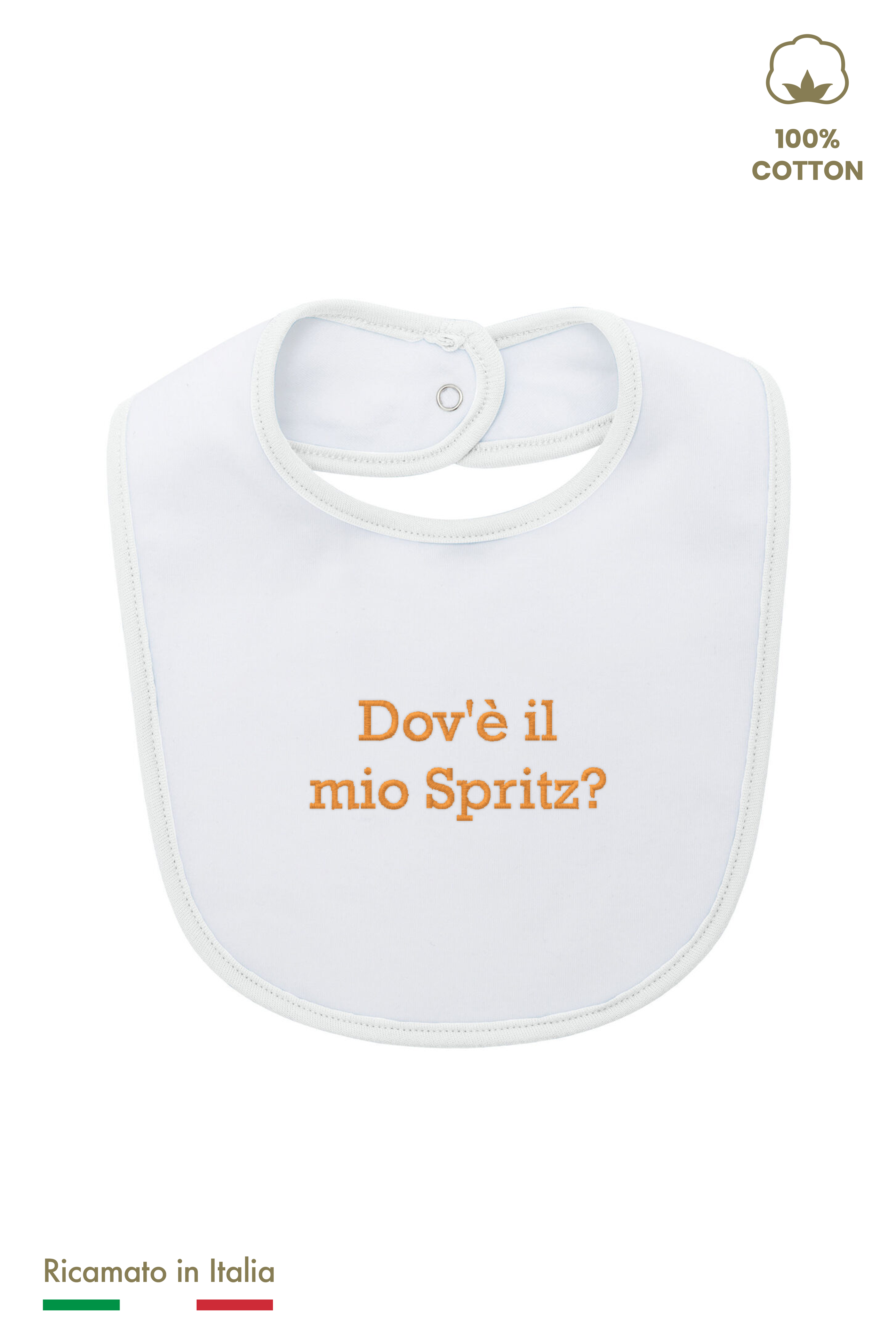 Bavetta neonato bianca con ricamo arancione "Dov'è il mio Spritz?", 100% cotone, vista frontale