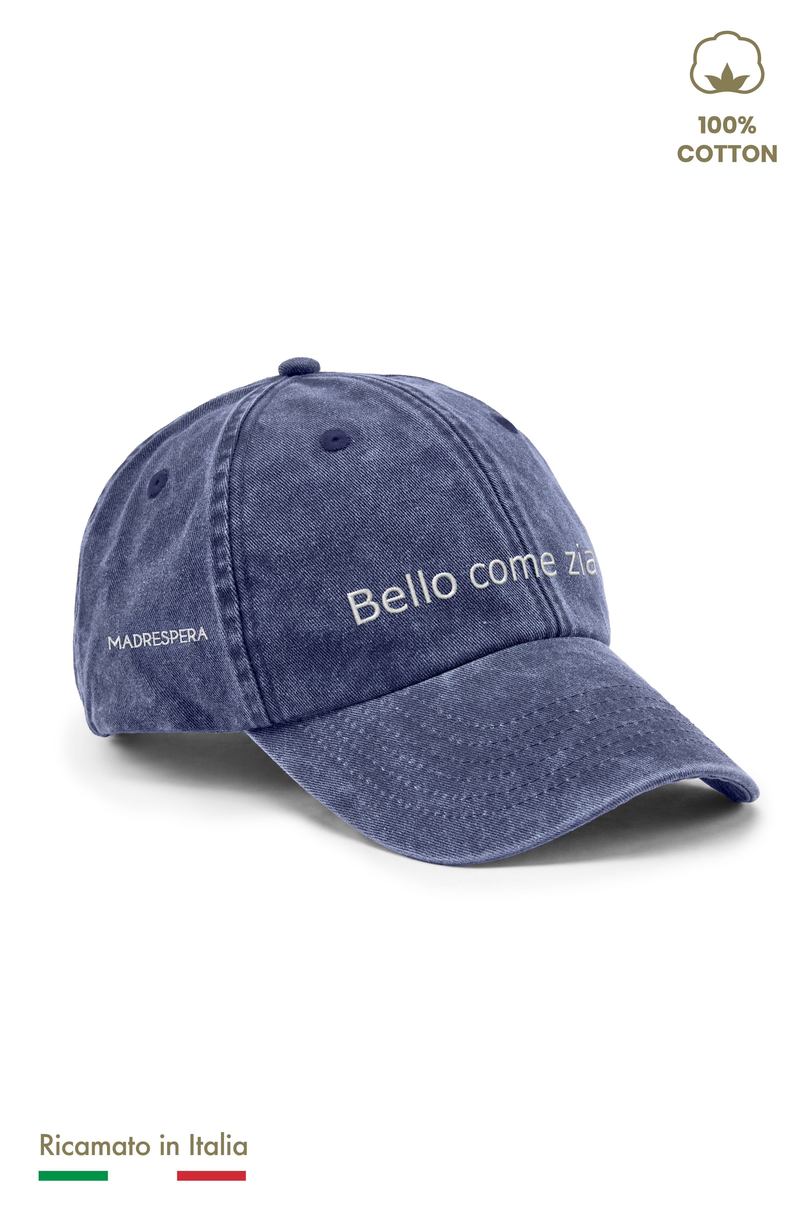 Cappellino vintage blu navy con ricamo panna "Bello come zia", vista laterale