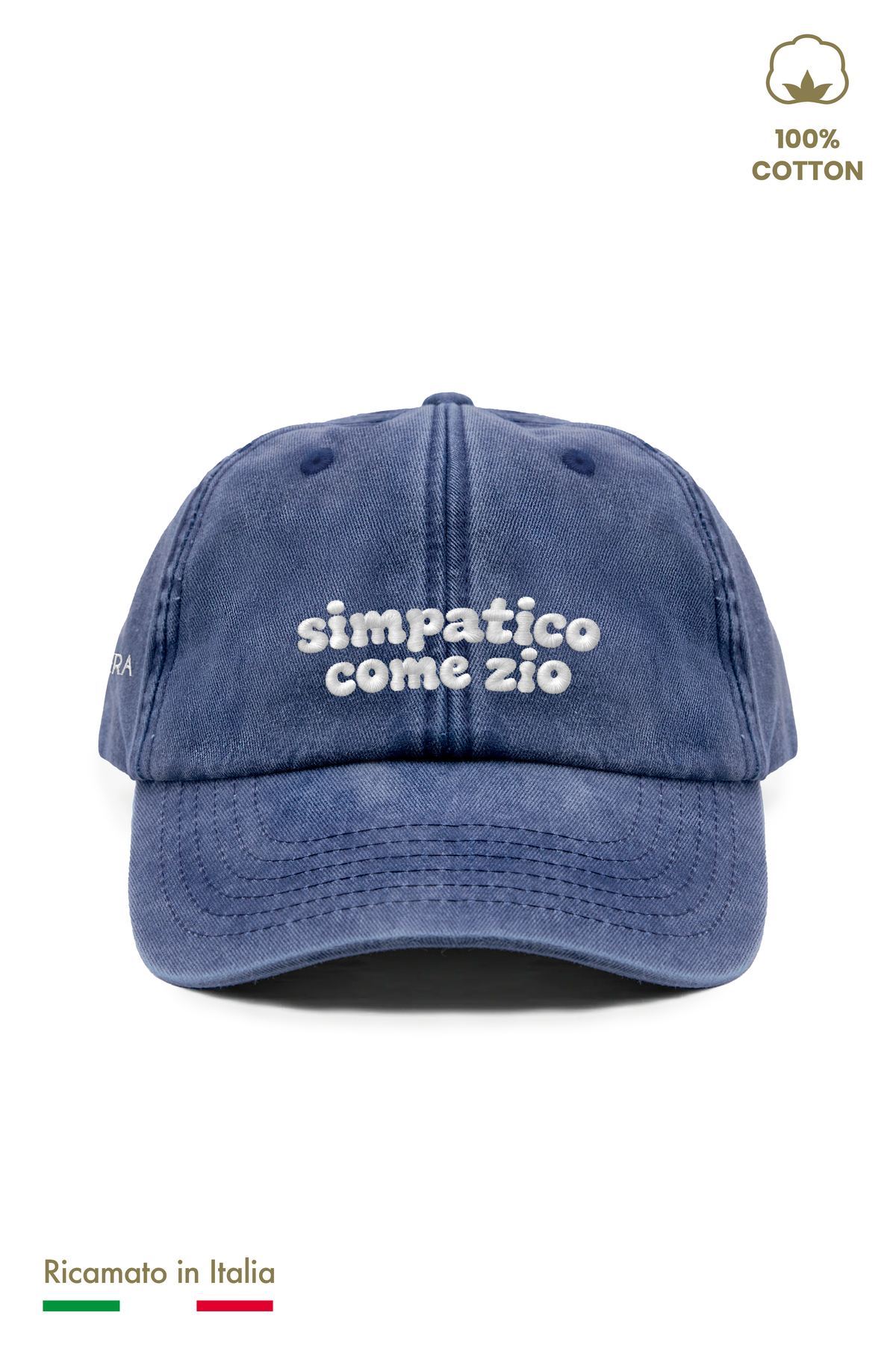 Cappellino vintage bambino blu navy con ricamo panna "simpatico come zio" - vista frontale