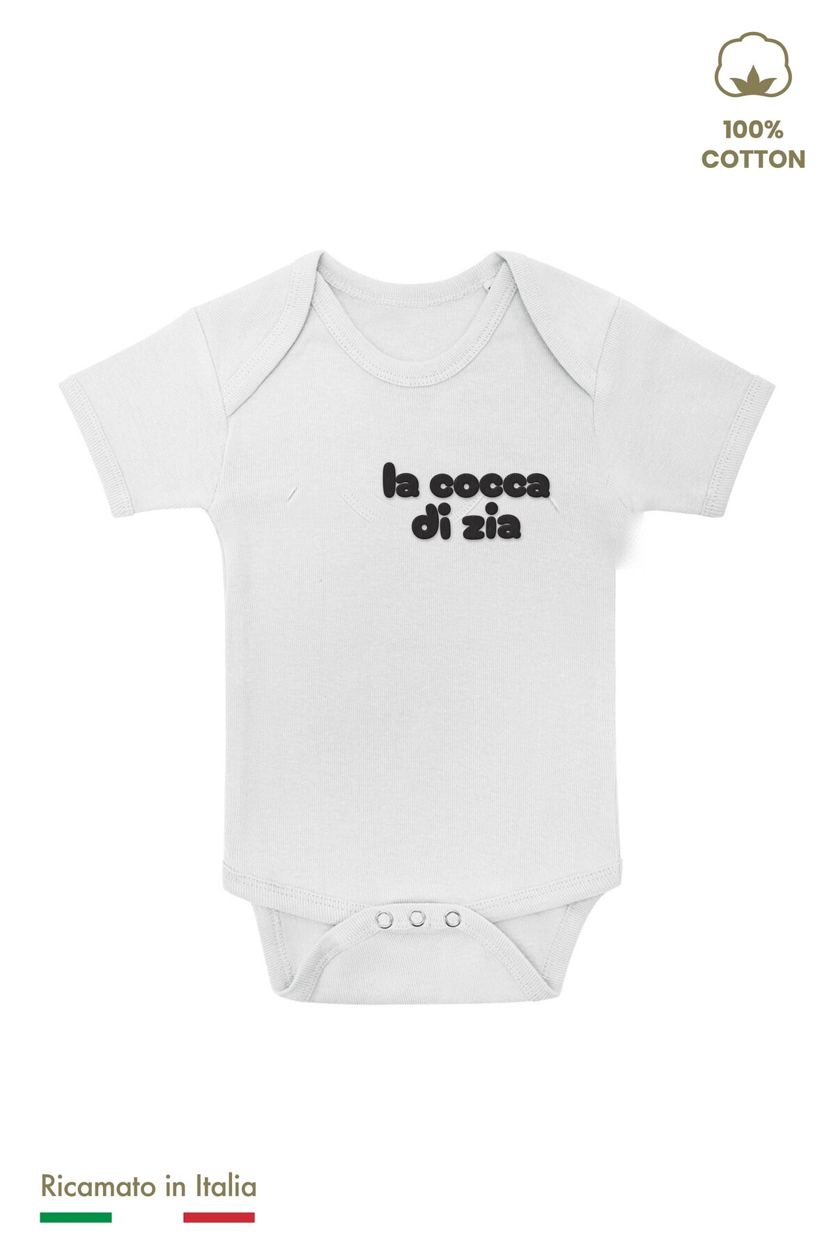 Body neonata bianco con ricamo nero "la cocca di zia", vista frontale