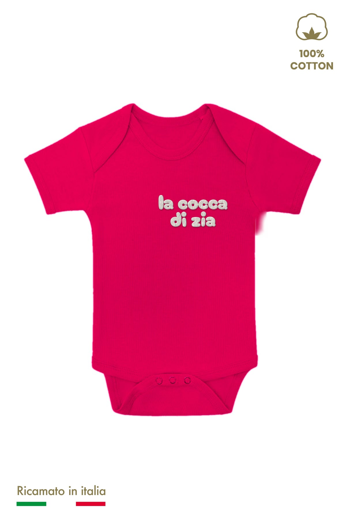 Body neonata fucsia con ricamo panna "la cocca di zia", vista frontale
