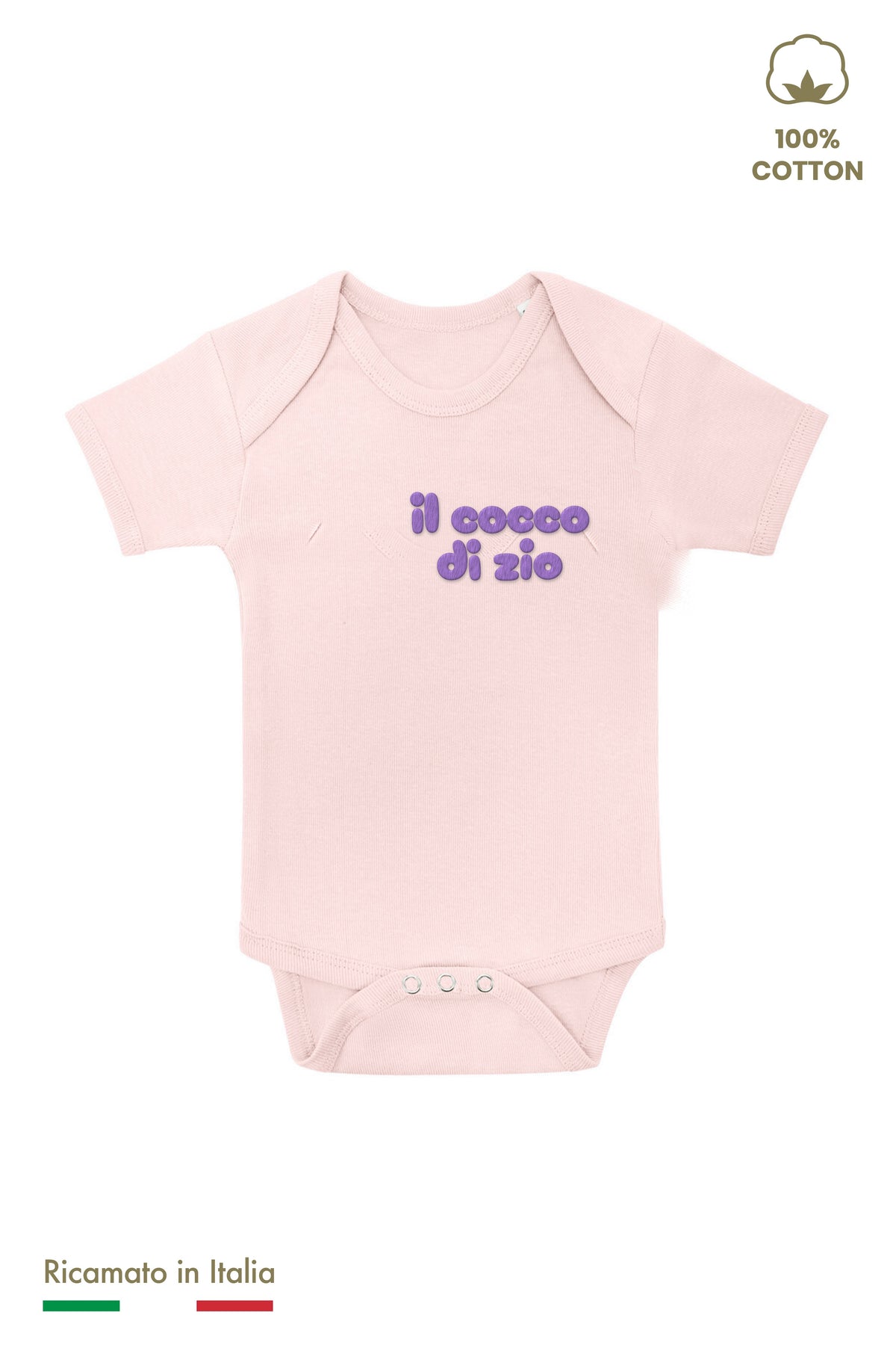 Body neonato rosa con ricamo lilla "il cocco di zio", vista frontale