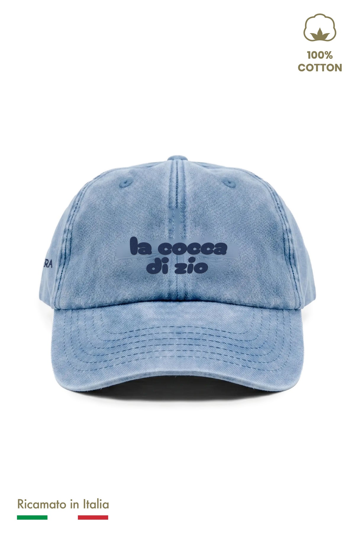 Cappellino vintage bambina azzurro denim con ricamo blu scuro "la cocca di zio" - vista frontale