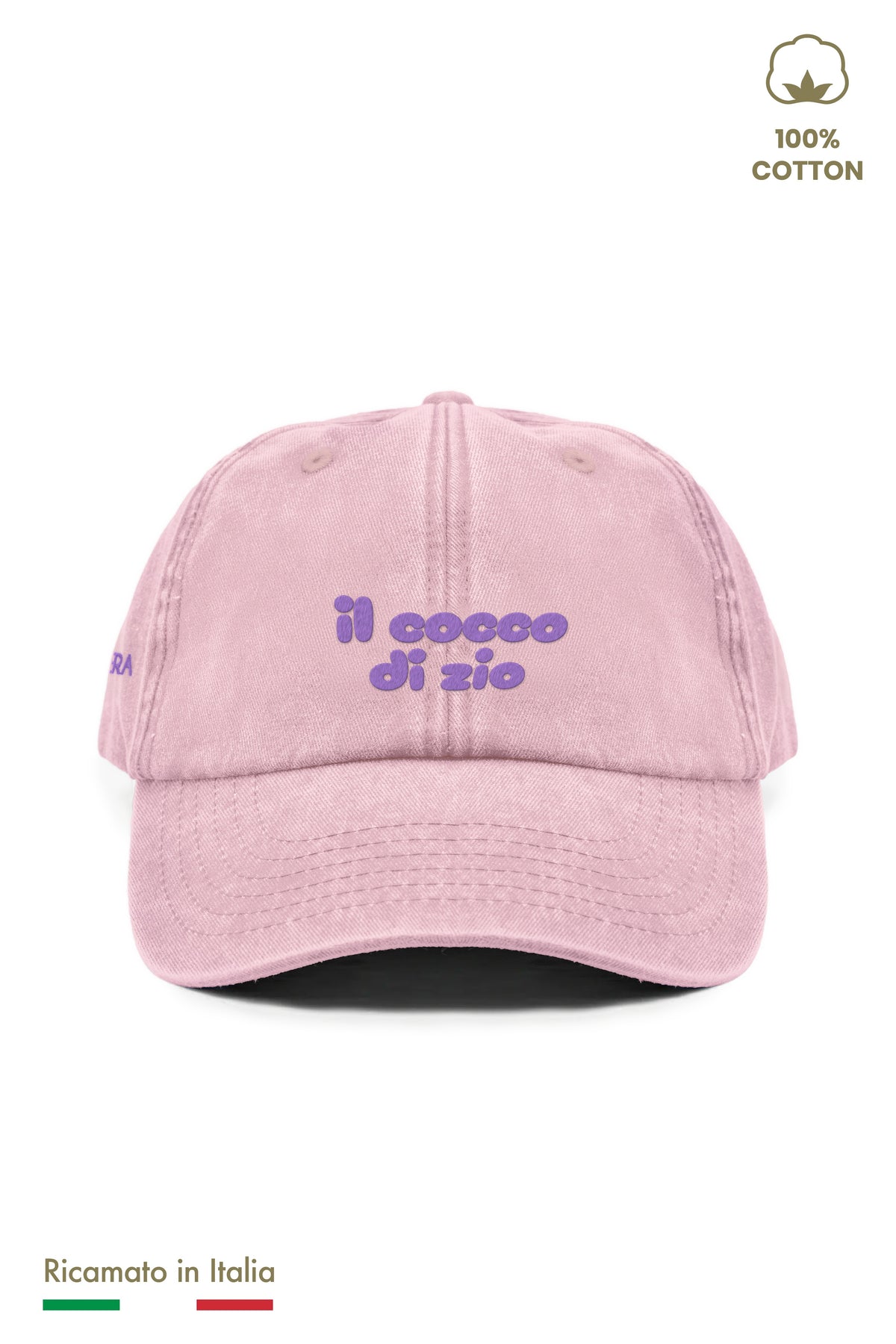 Cappellino vintage bambino rosa con ricamo e logo lilla "il cocco di zio" - vista frontale