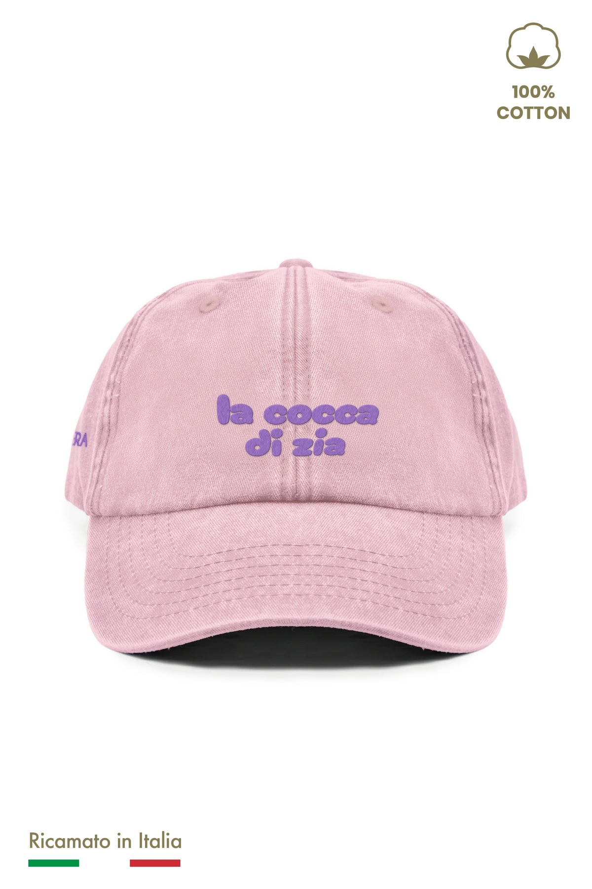 Cappellino vintage bambina rosa con ricamo e logo lilla "la cocca di zia" - vista frontale