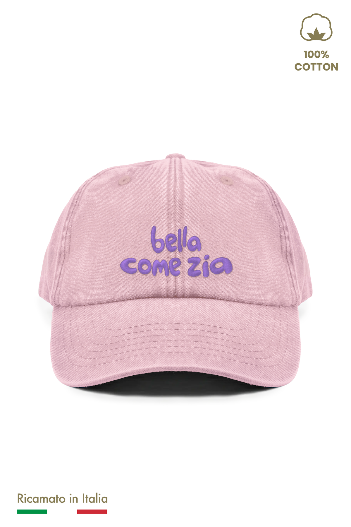 Cappellino vintage bambina rosa con ricamo lilla "bella come zia" - vista frontale