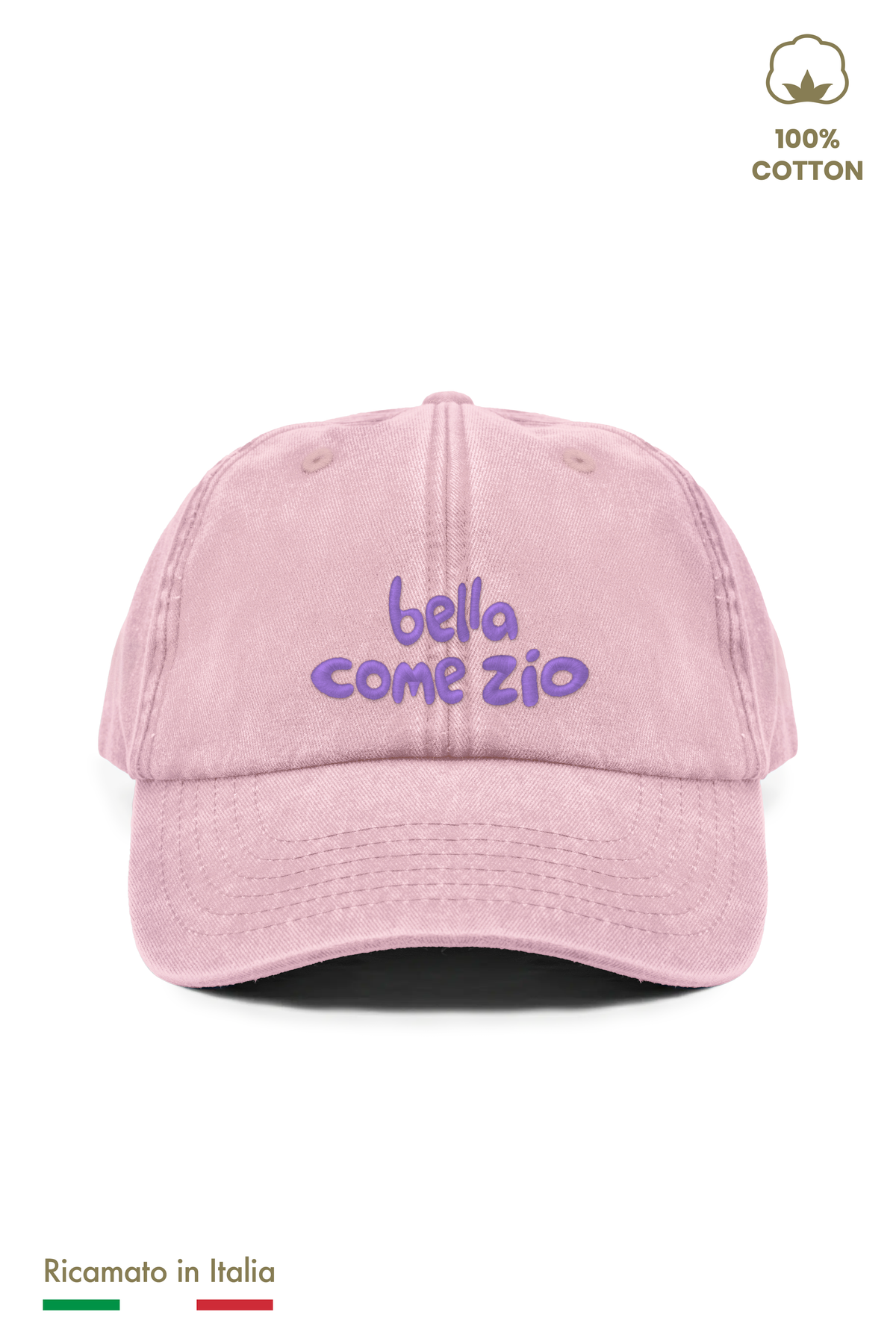 Cappellino vintage bambina rosa con ricamo lilla "bella come zio" - vista frontale