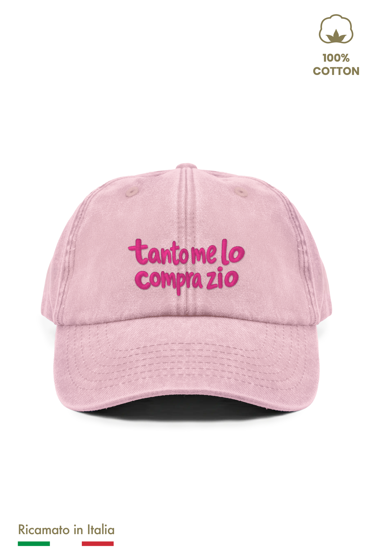 Cappellino vintage bambino rosa con ricamo fucsia "tanto me lo compra zio" - vista frontale