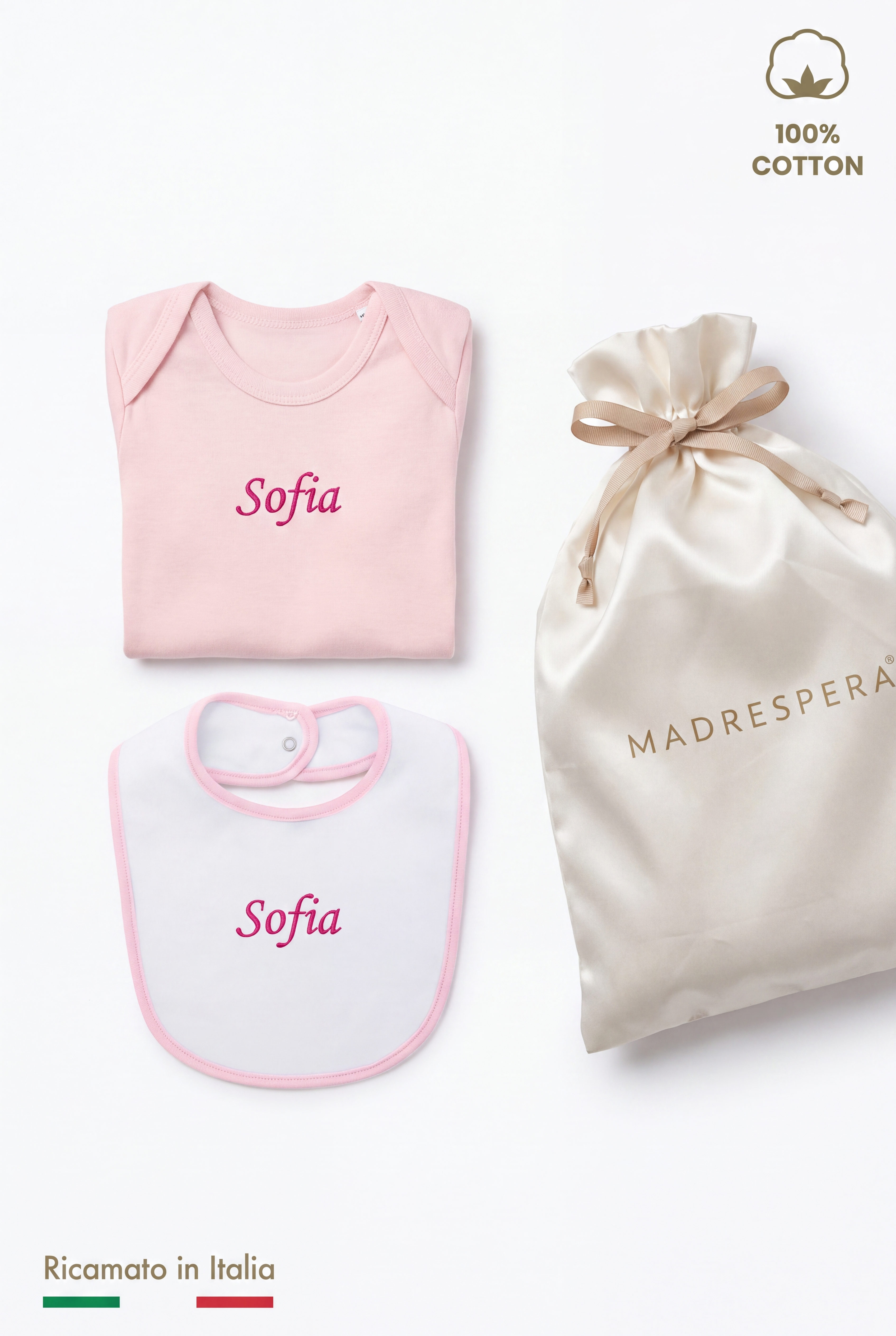 Box nascita rosa con sacca regalo MADRESPERA chiusa con fiocco, body e bavetta con il nome Sofia