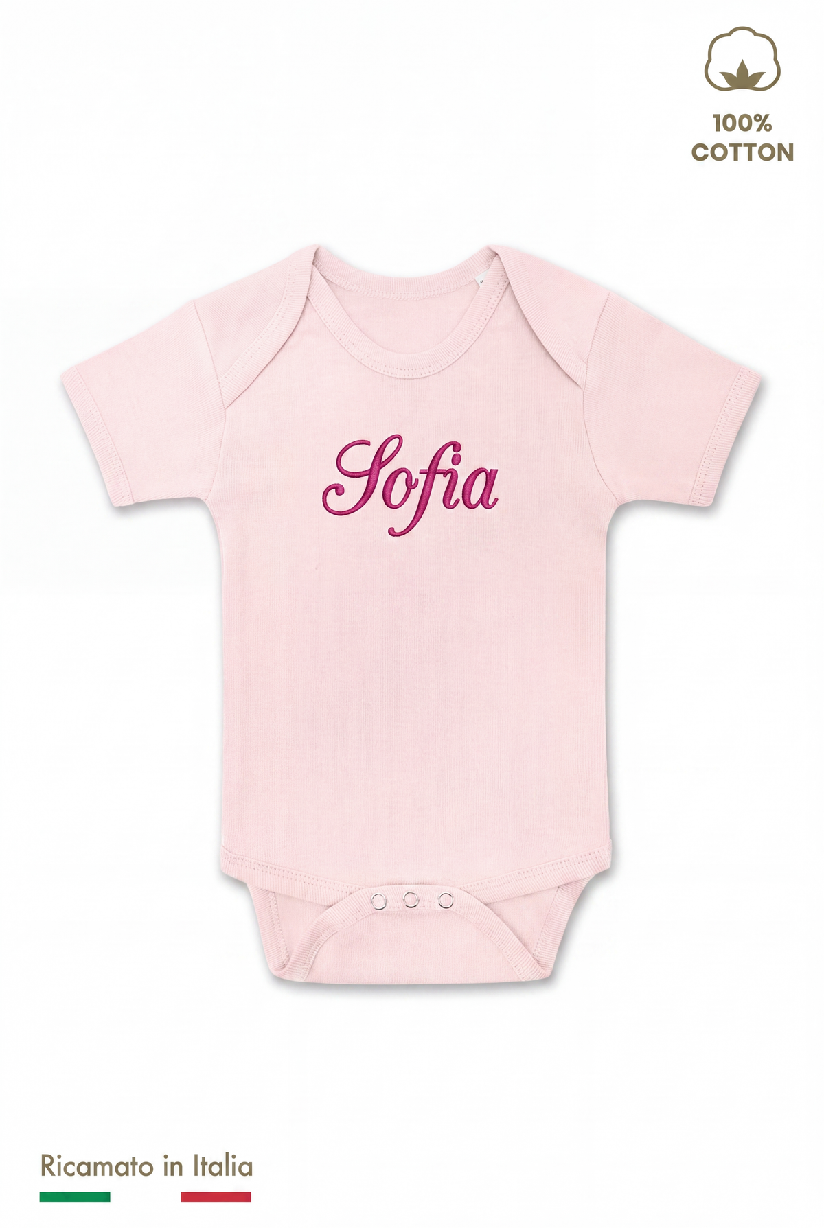 Body neonato rosa della box nascita con il nome Sofia ricamato in filo fucsia