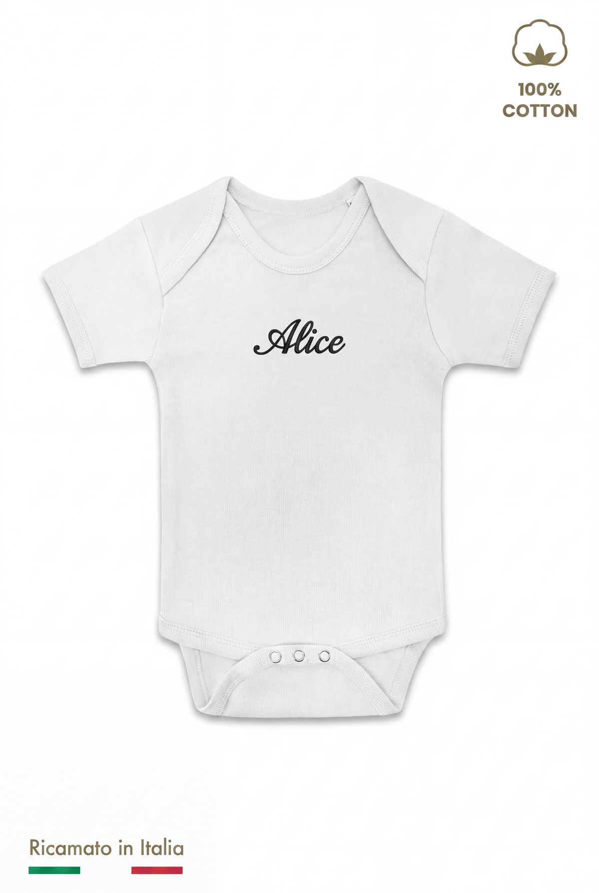 Body neonato bianco della box nascita con il nome Alice ricamato in filo nero