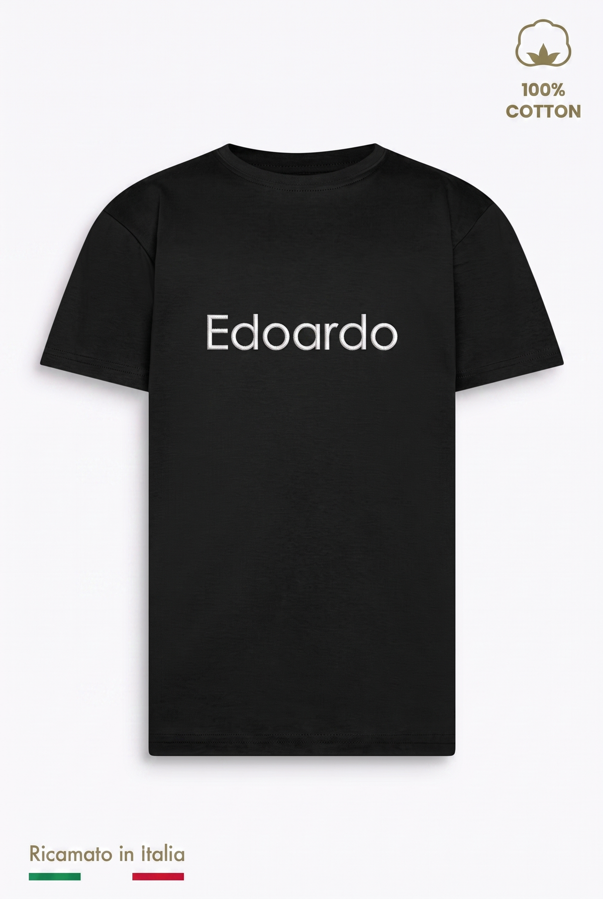 T-shirt bambino nera con il nome Edoardo ricamato in filo bianco