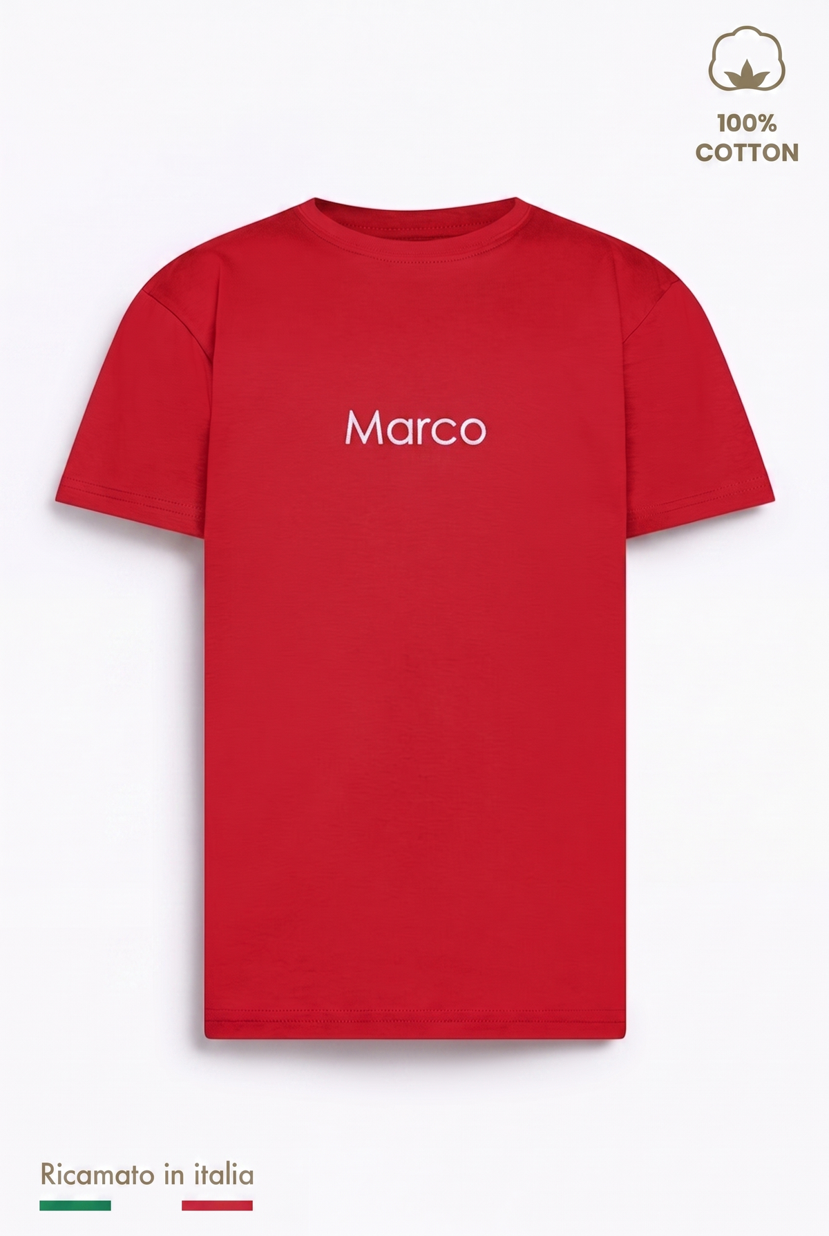 T-shirt bambino rossa con il nome Marco ricamato in filo bianco