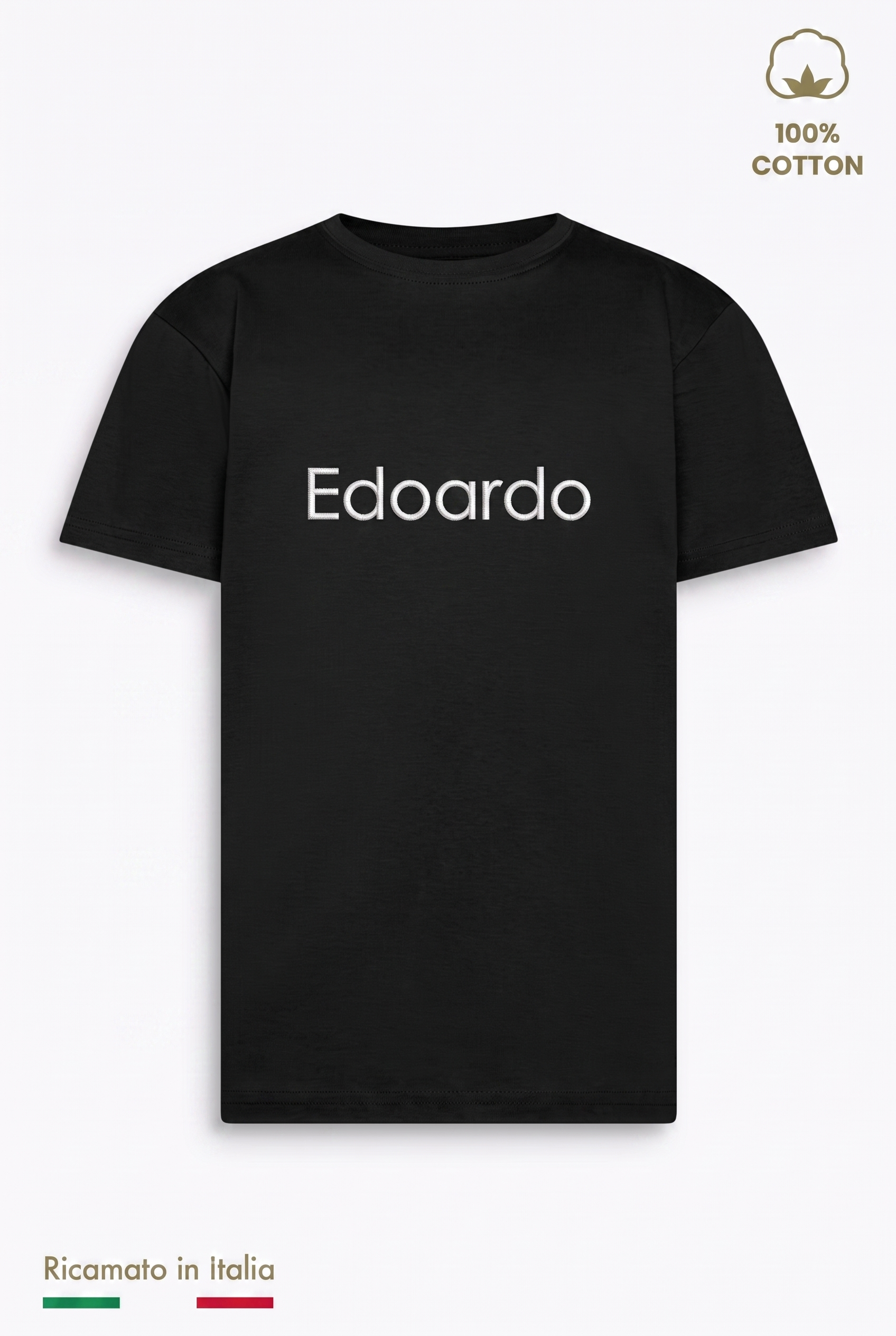 T-shirt bambino nera con il nome Edoardo ricamato in filo bianco