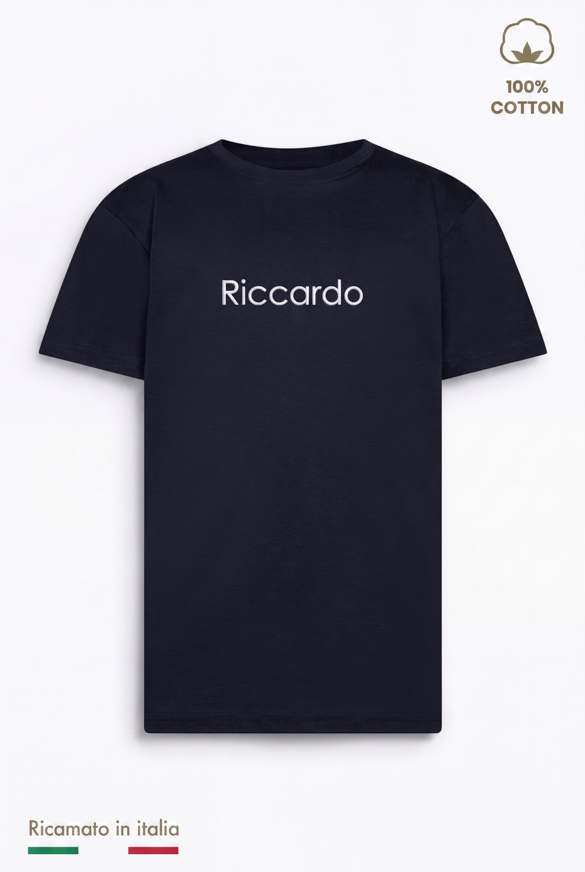 T-shirt bambino blu navy con il nome Riccardo ricamato in filo bianco