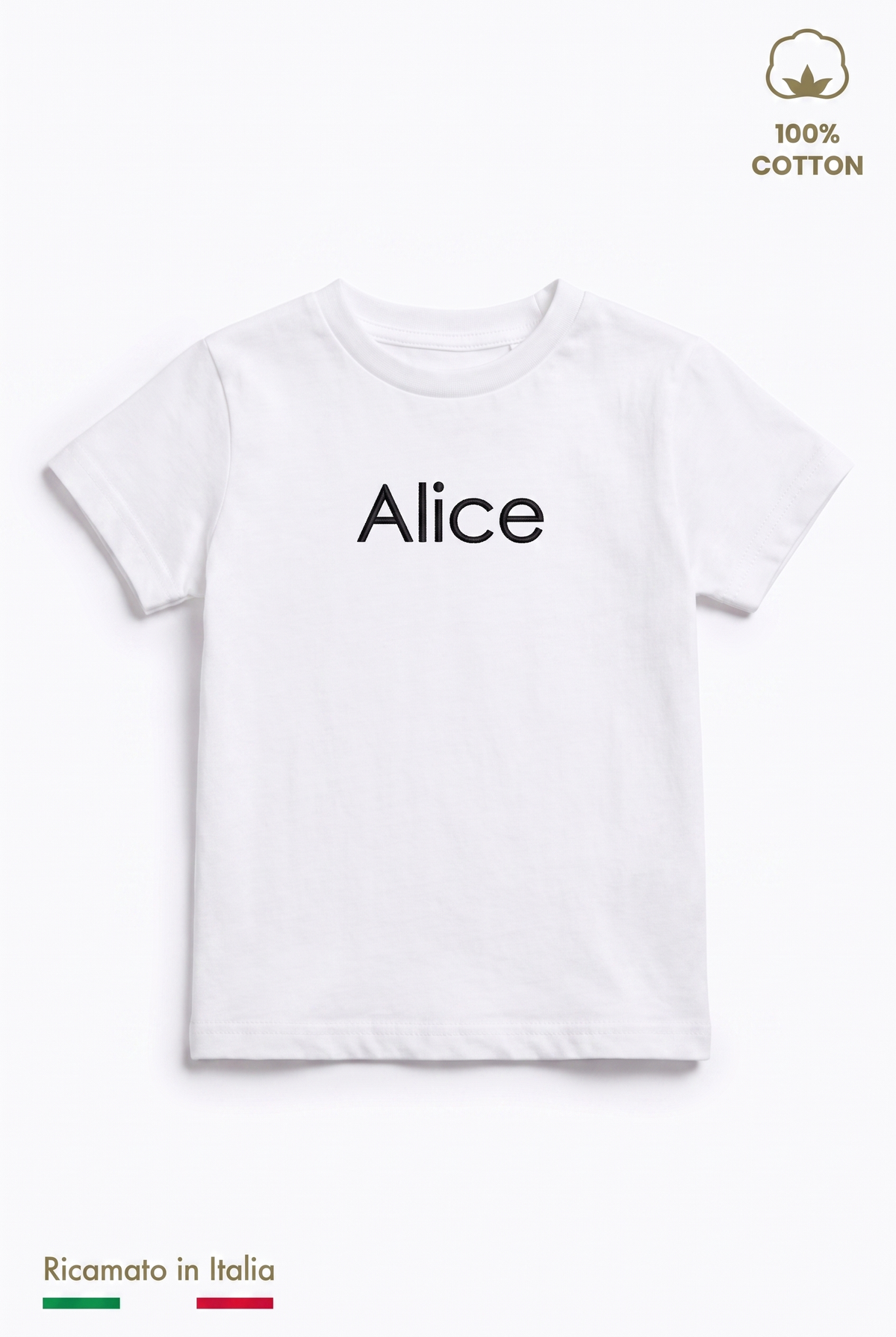 T-shirt bambino bianca con il nome Alice ricamato in filo nero