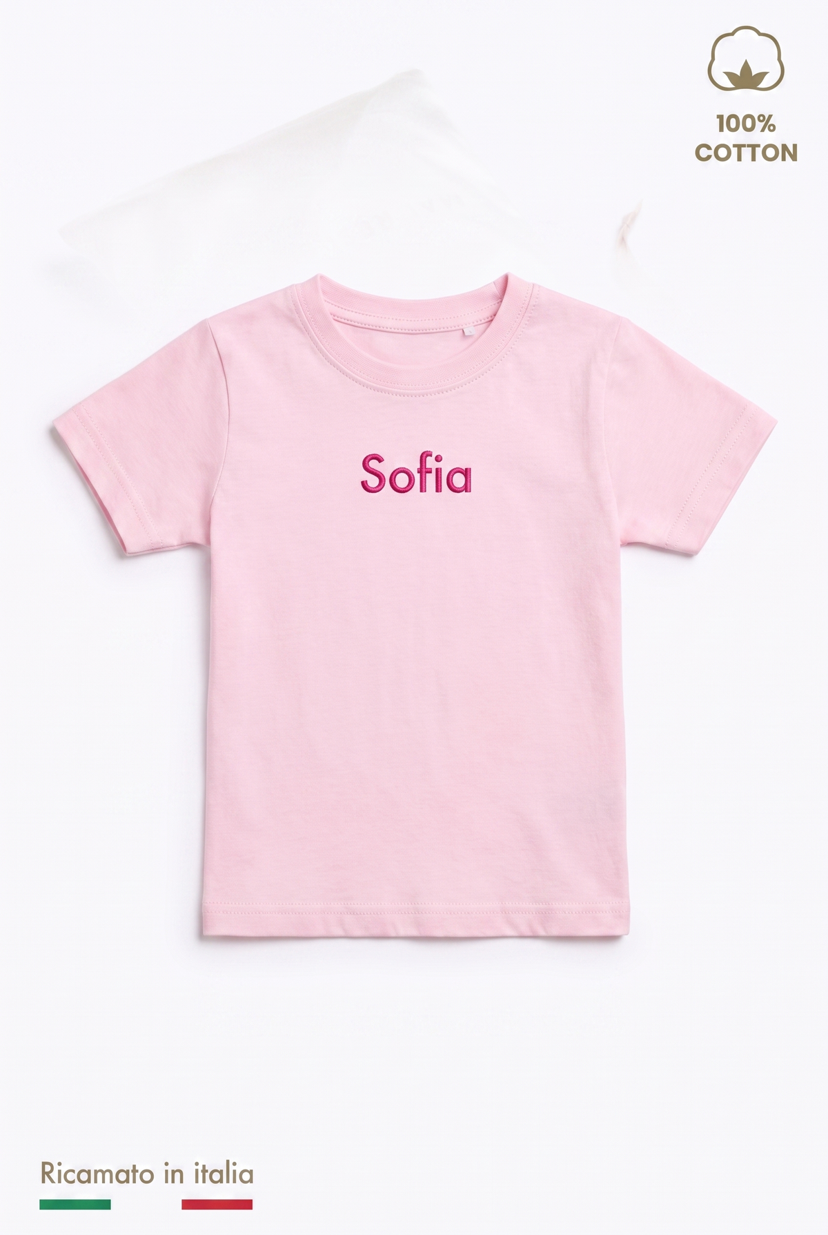 T-shirt bambina rosa con il nome Sofia ricamato in filo fucsia