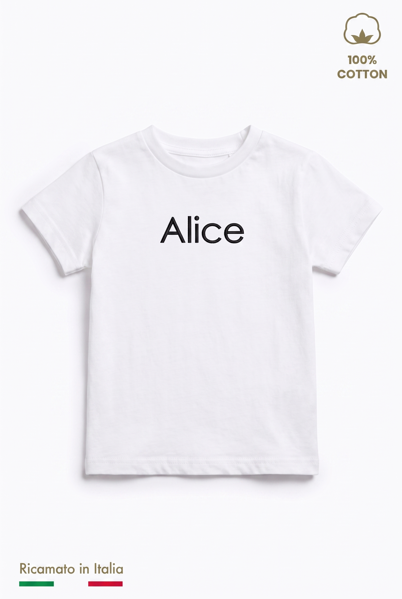 T-shirt bambino bianca con il nome Alice ricamato in filo nero