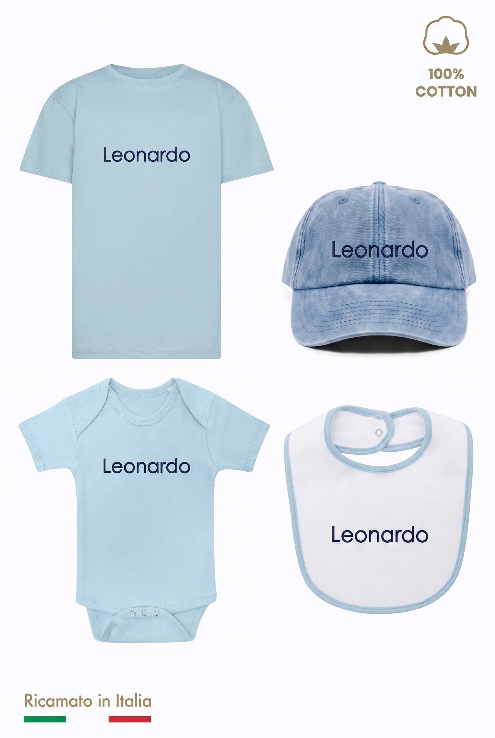 I quattro capi della box completa MADRESPERA: t-shirt, cappellino, body e bavetta con il nome Leonardo ricamato in filo blu