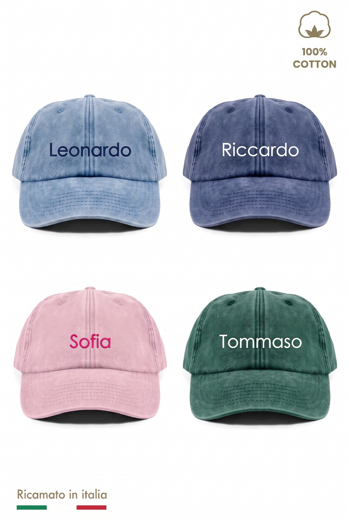 I quattro colori del cappellino vintage MADRESPERA: azzurro Polvere, blu navy, rosa e verde, con il nome ricamato